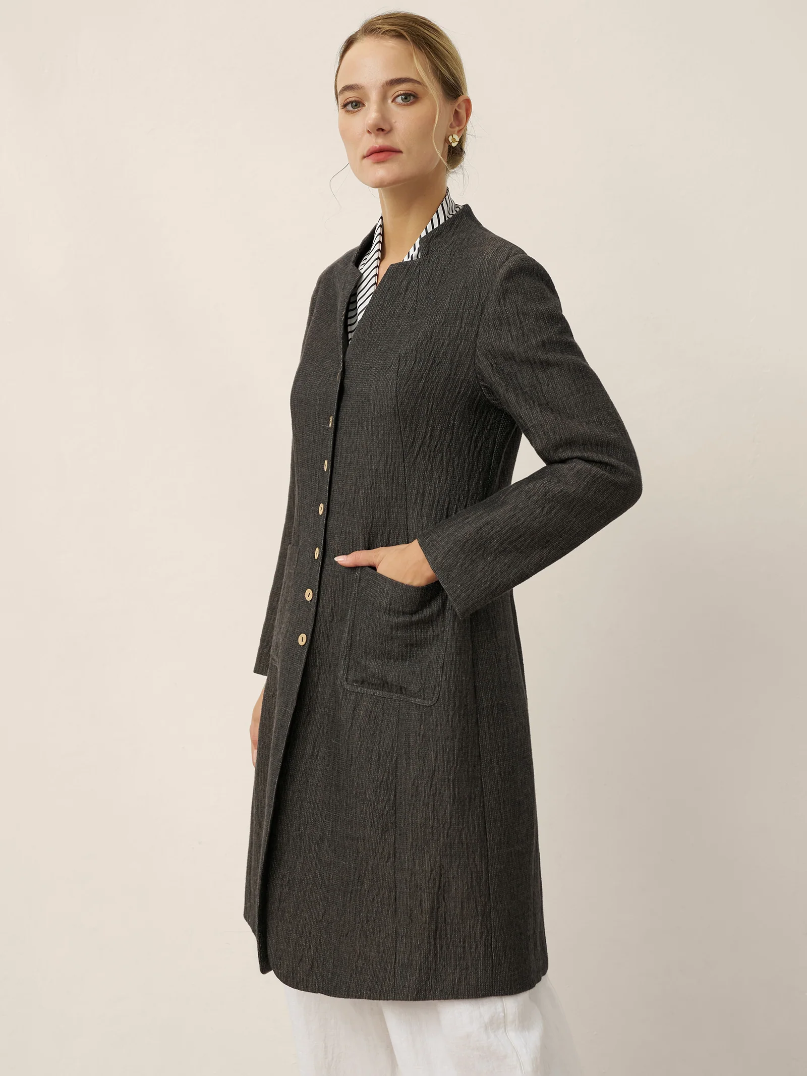 Linen Mandarin Collar Button-Up Long Shirt Jacket JORDAN - Image 3