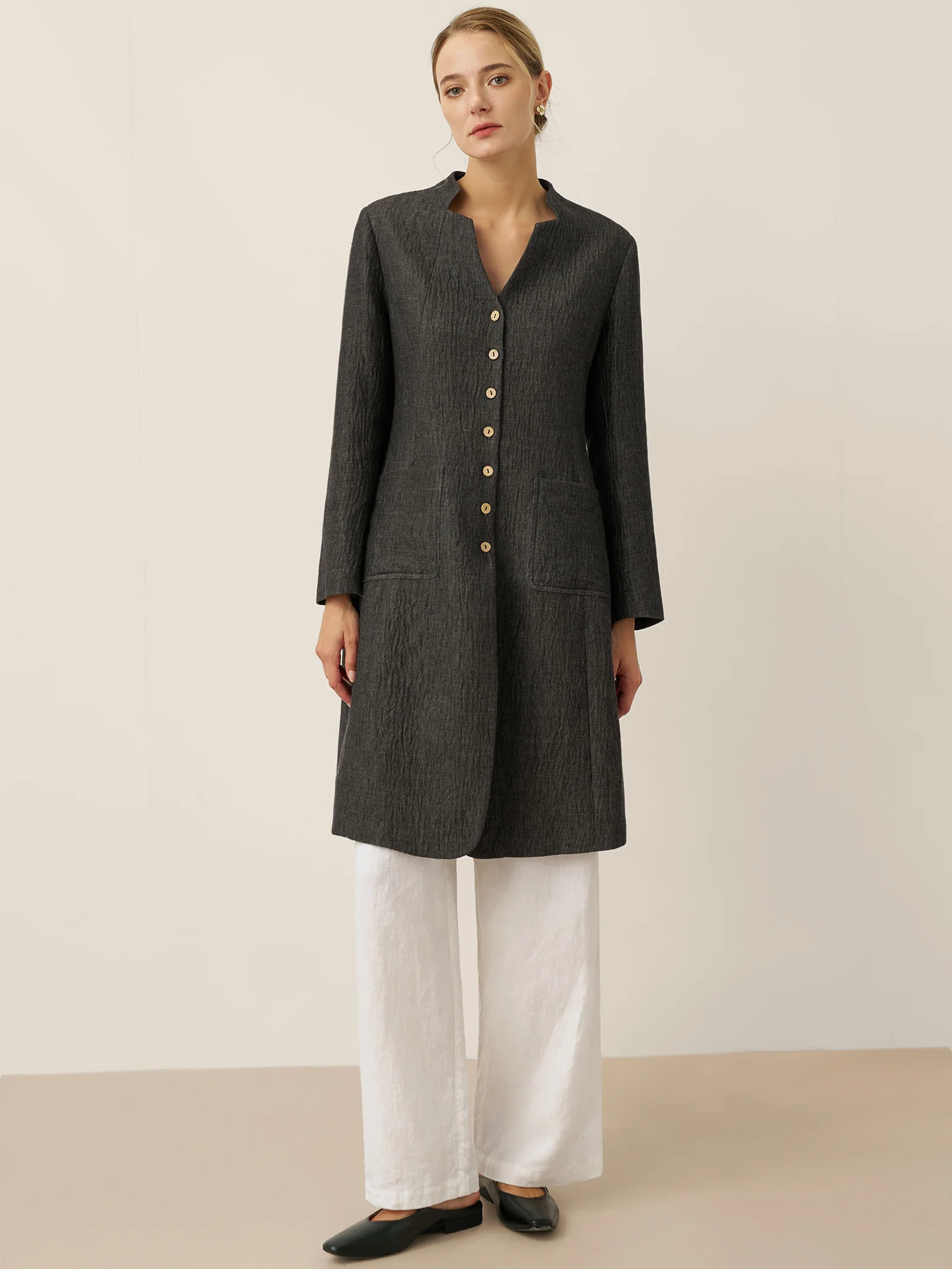 Linen Mandarin Collar Button-Up Long Shirt Jacket JORDAN - Image 4