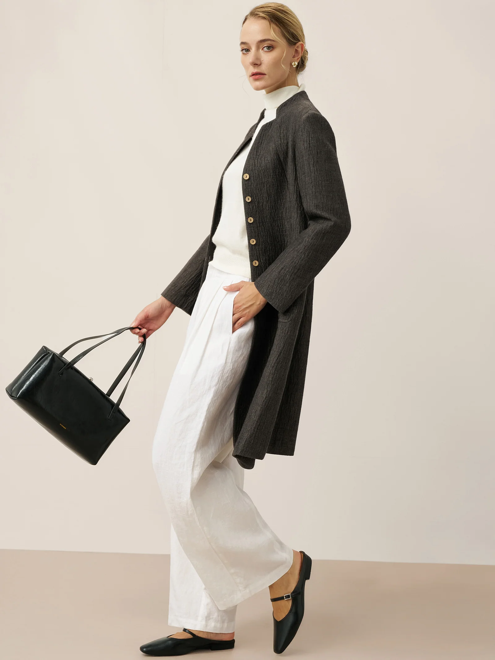 Linen Mandarin Collar Button-Up Long Shirt Jacket JORDAN - Image 5