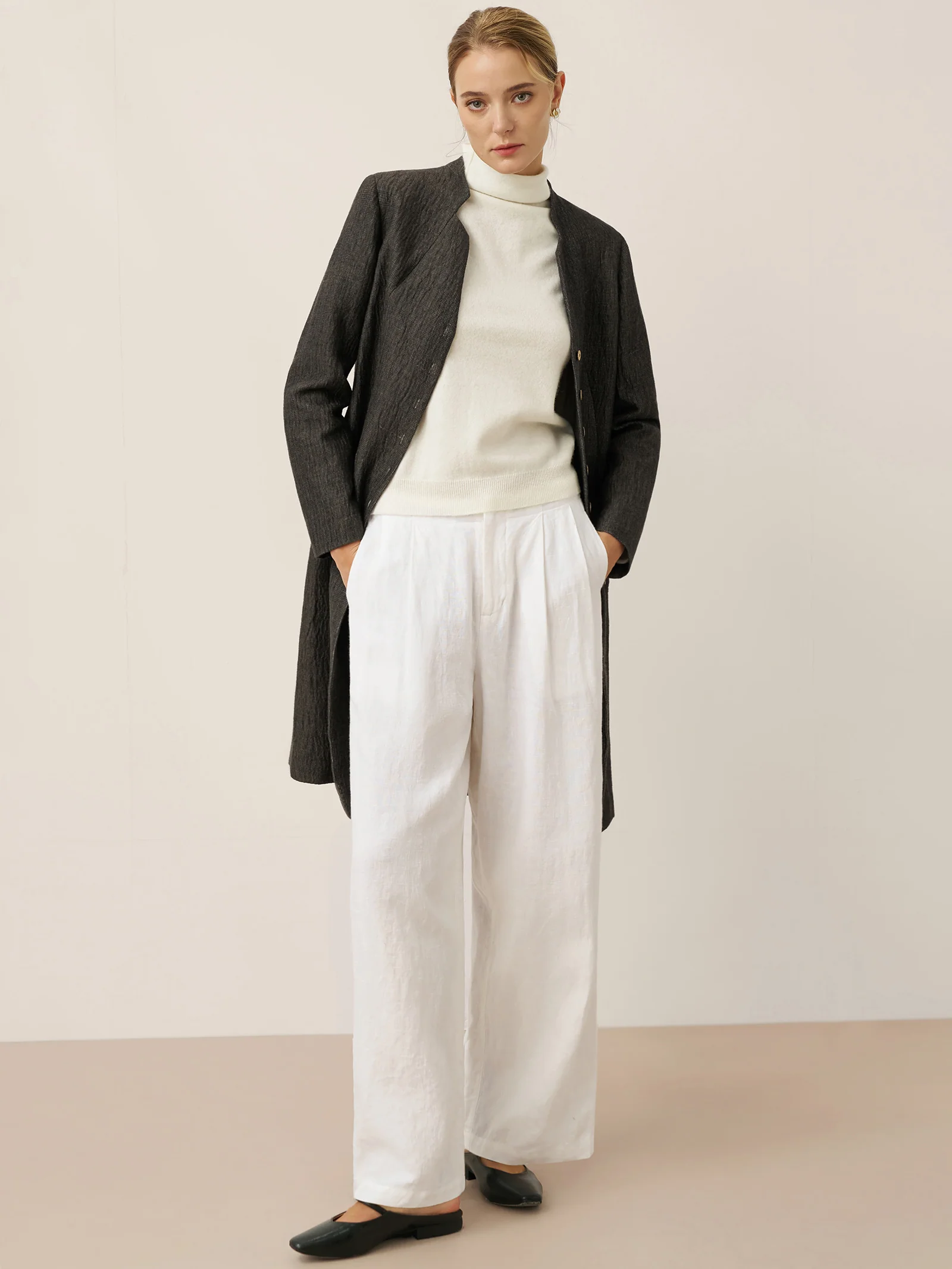 Linen Mandarin Collar Button-Up Long Shirt Jacket JORDAN - Image 6