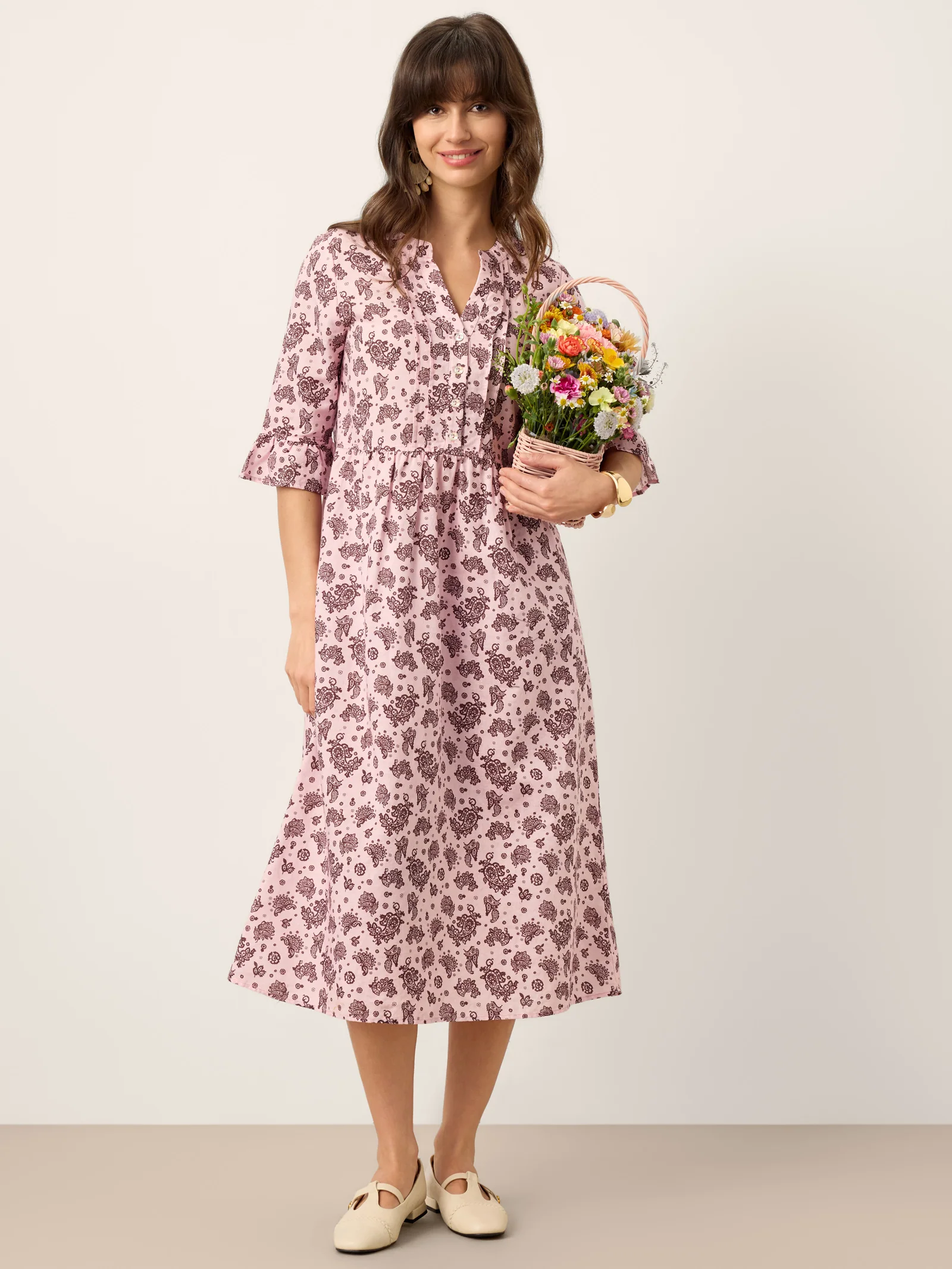 Linen Paisley Pintucked Ruffle-Cuff Maxi Dress MAELYN - Image 10