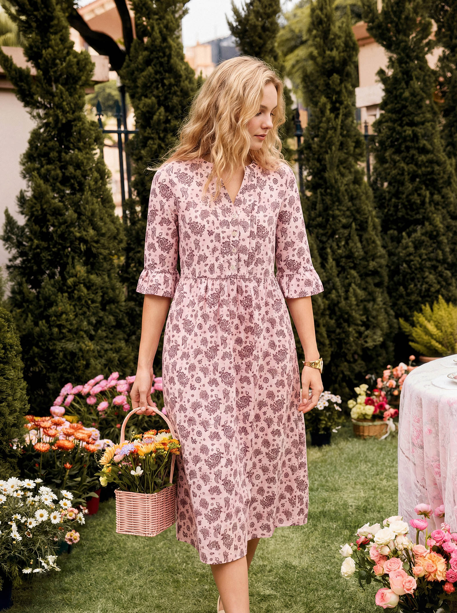Linen Paisley Pintucked Ruffle-Cuff Maxi Dress MAELYN - Image 2