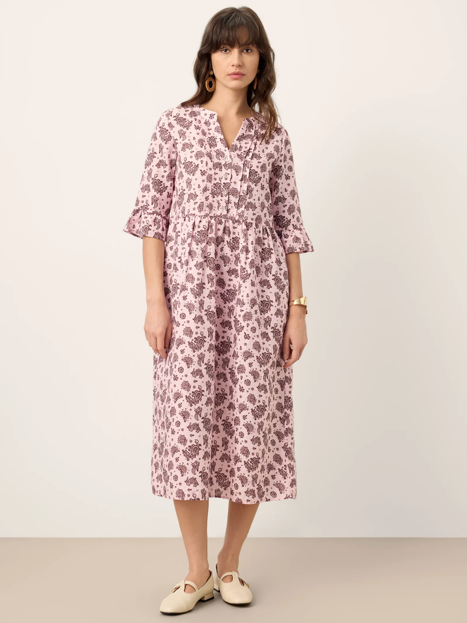 Linen Paisley Pintucked Ruffle-Cuff Maxi Dress MAELYN - Image 5