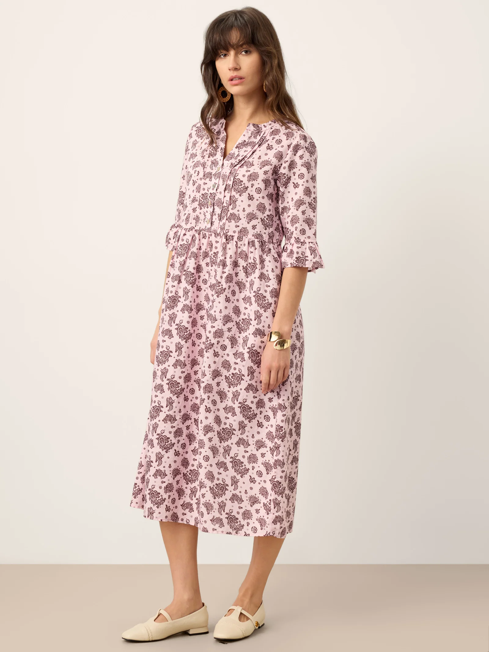 Linen Paisley Pintucked Ruffle-Cuff Maxi Dress MAELYN - Image 6