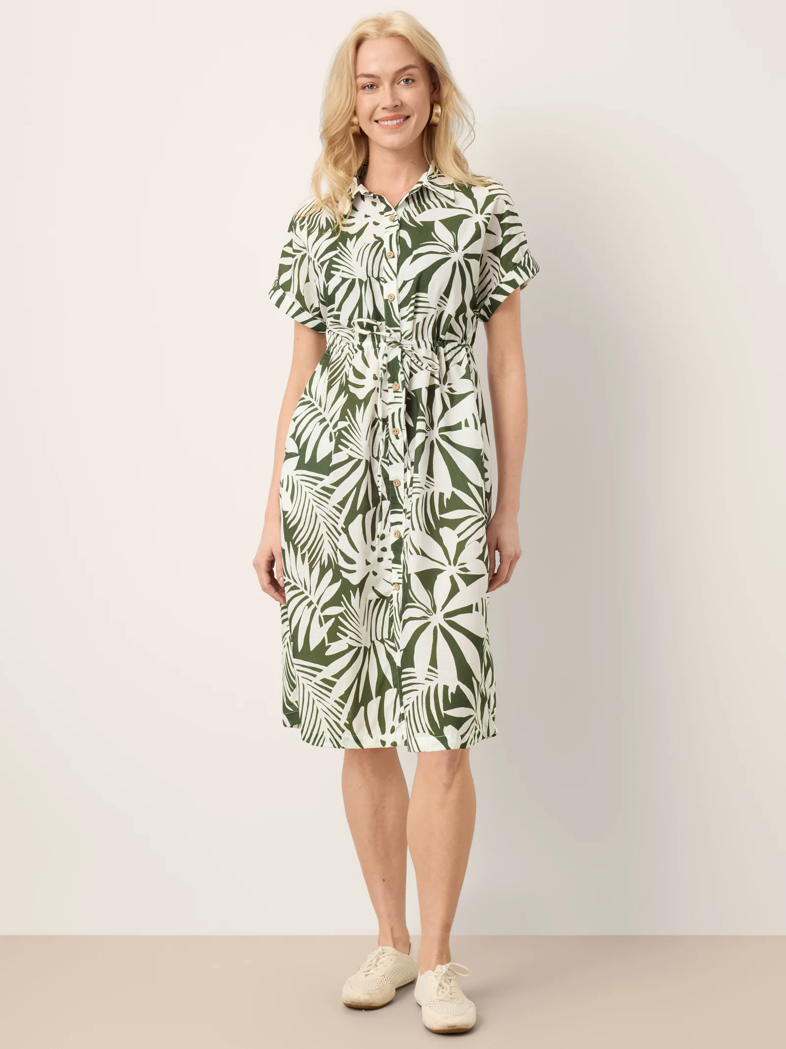 Linen Palm Print Drawstring Waist Cuffed Sleeve Midi Shirt Dress AURELIA