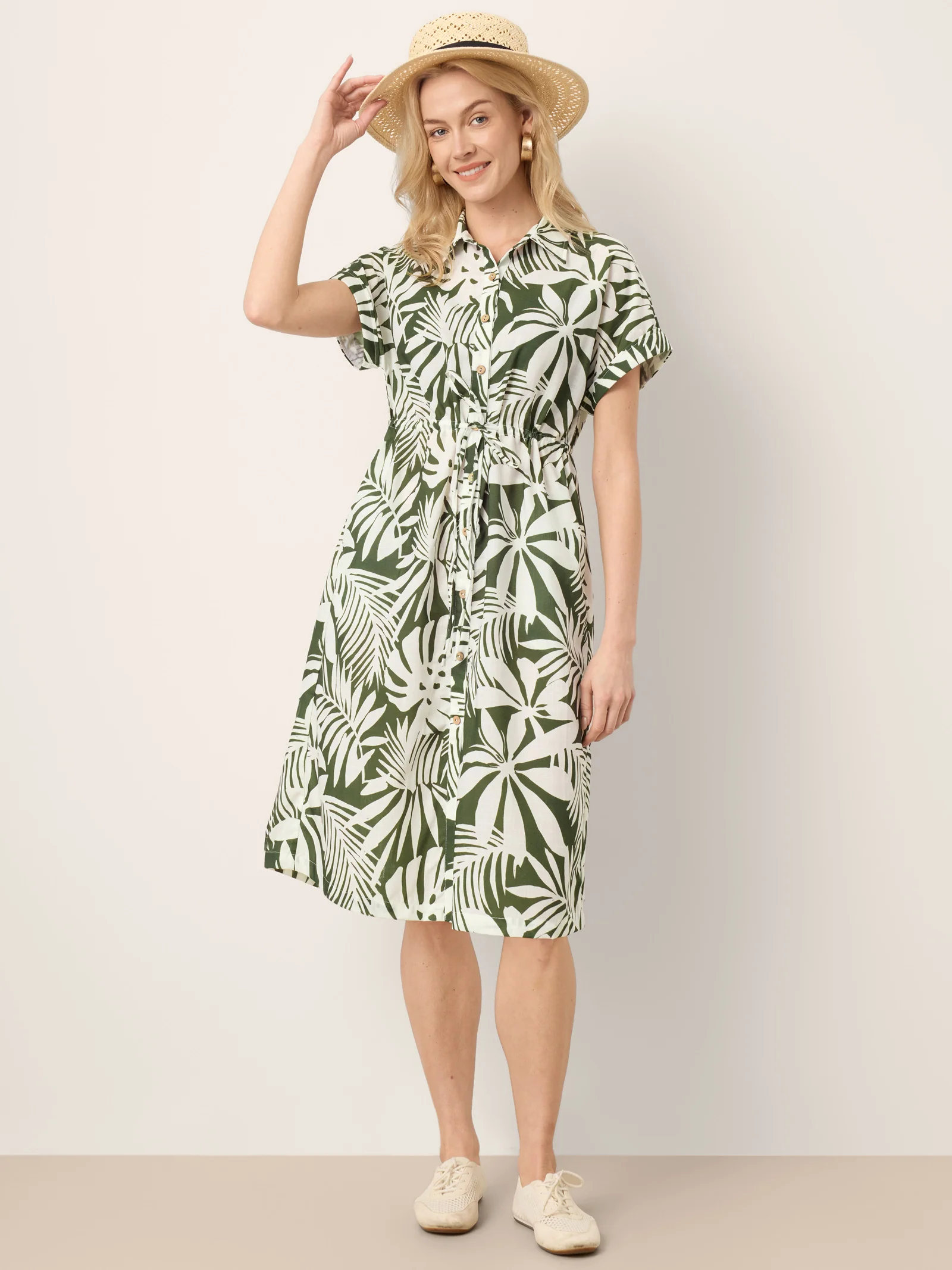 Linen Palm Print Drawstring Waist Cuffed Sleeve Midi Shirt Dress AURELIA - Image 10