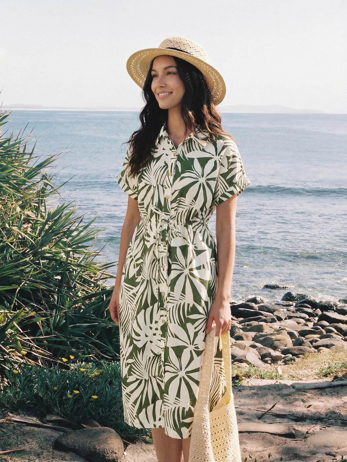 Linen Palm Print Drawstring Waist Cuffed Sleeve Midi Shirt Dress AURELIA - Image 2