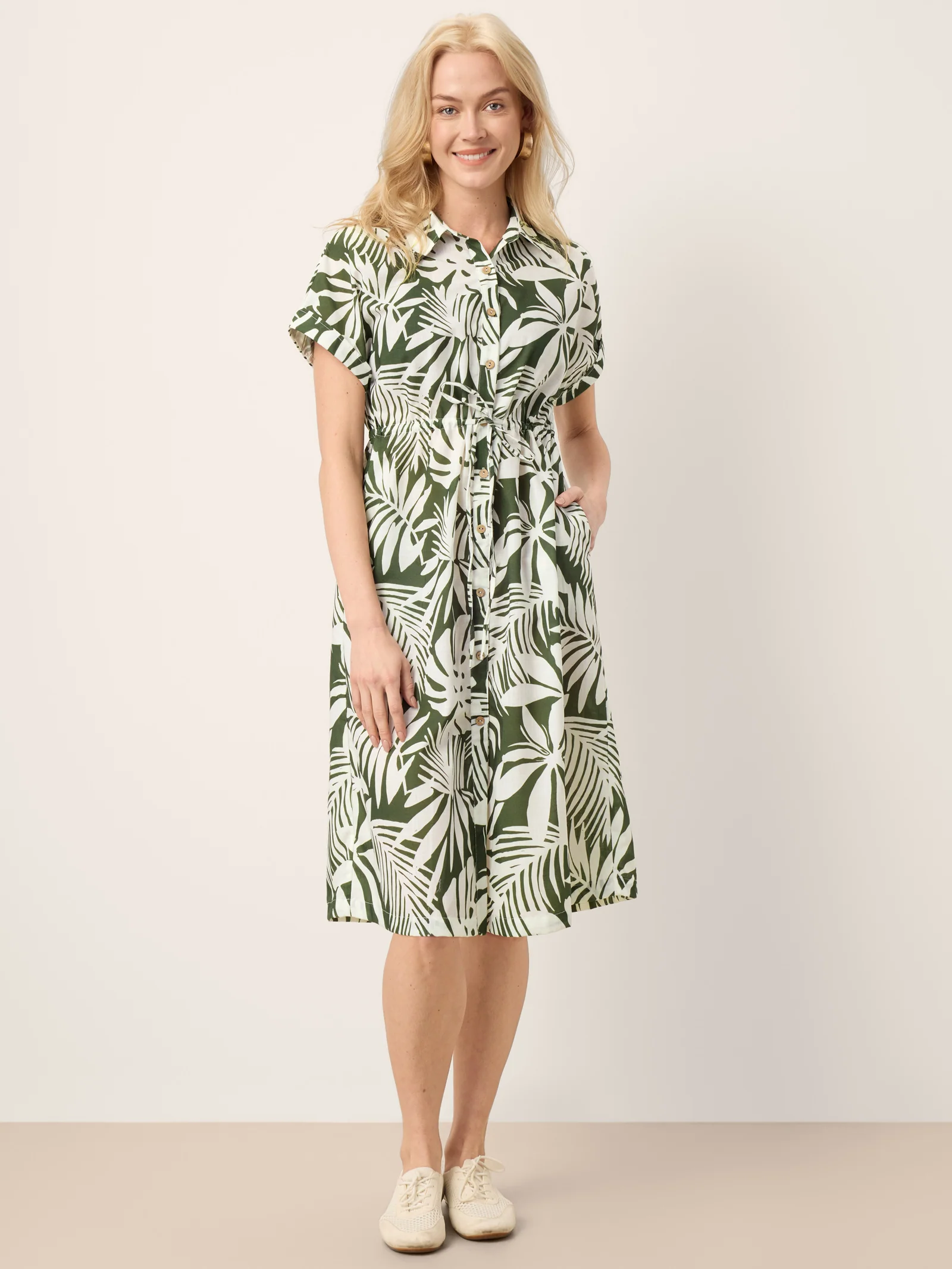 Linen Palm Print Drawstring Waist Cuffed Sleeve Midi Shirt Dress AURELIA - Image 4