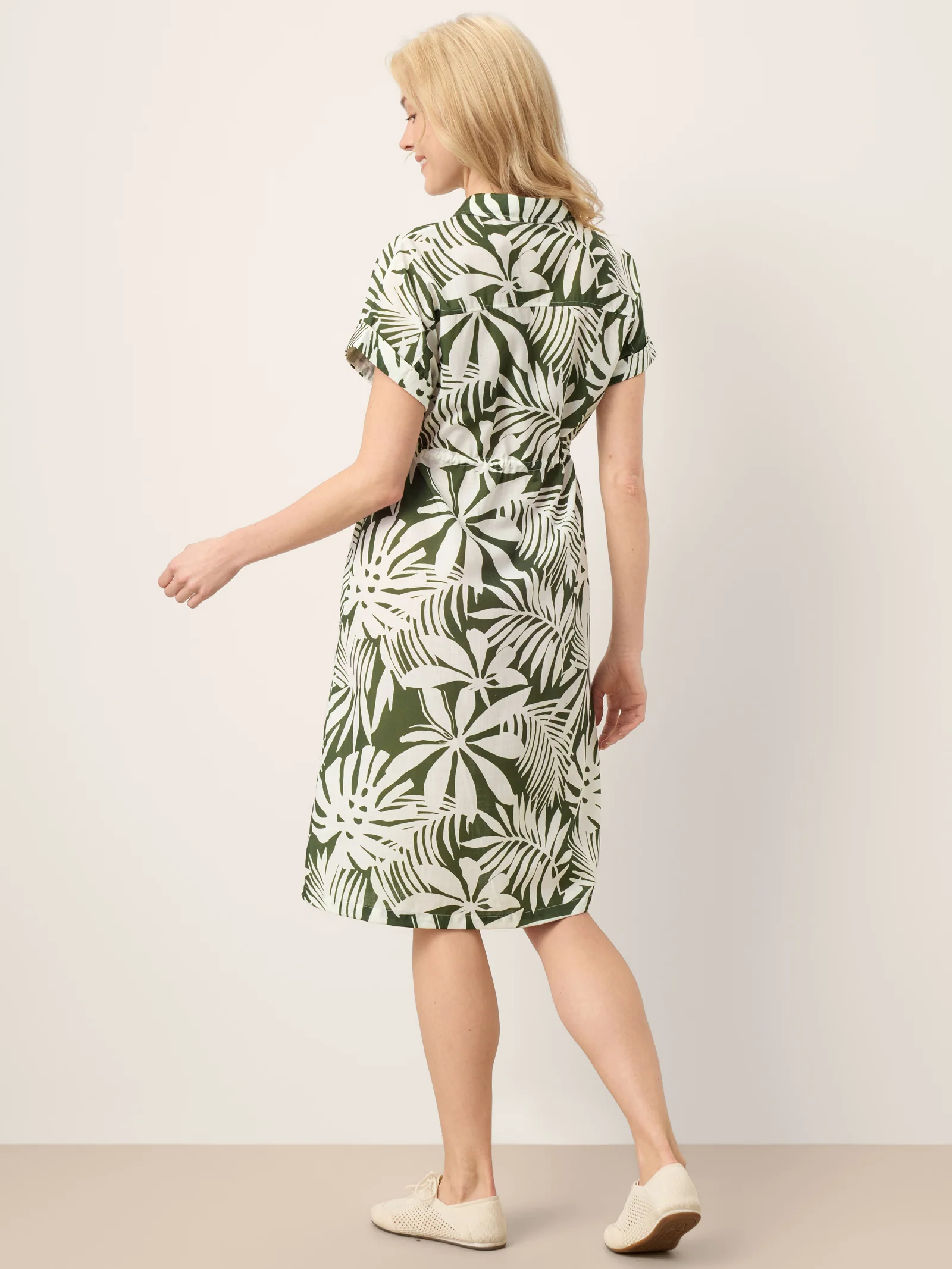 Linen Palm Print Drawstring Waist Cuffed Sleeve Midi Shirt Dress AURELIA - Image 5