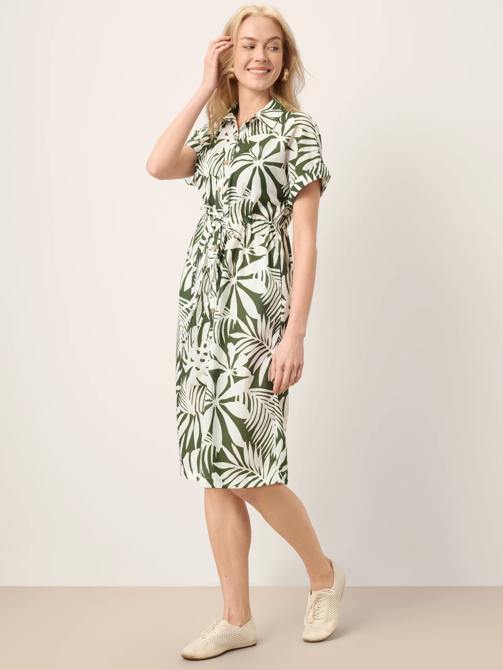 Linen Palm Print Drawstring Waist Cuffed Sleeve Midi Shirt Dress AURELIA - Image 6