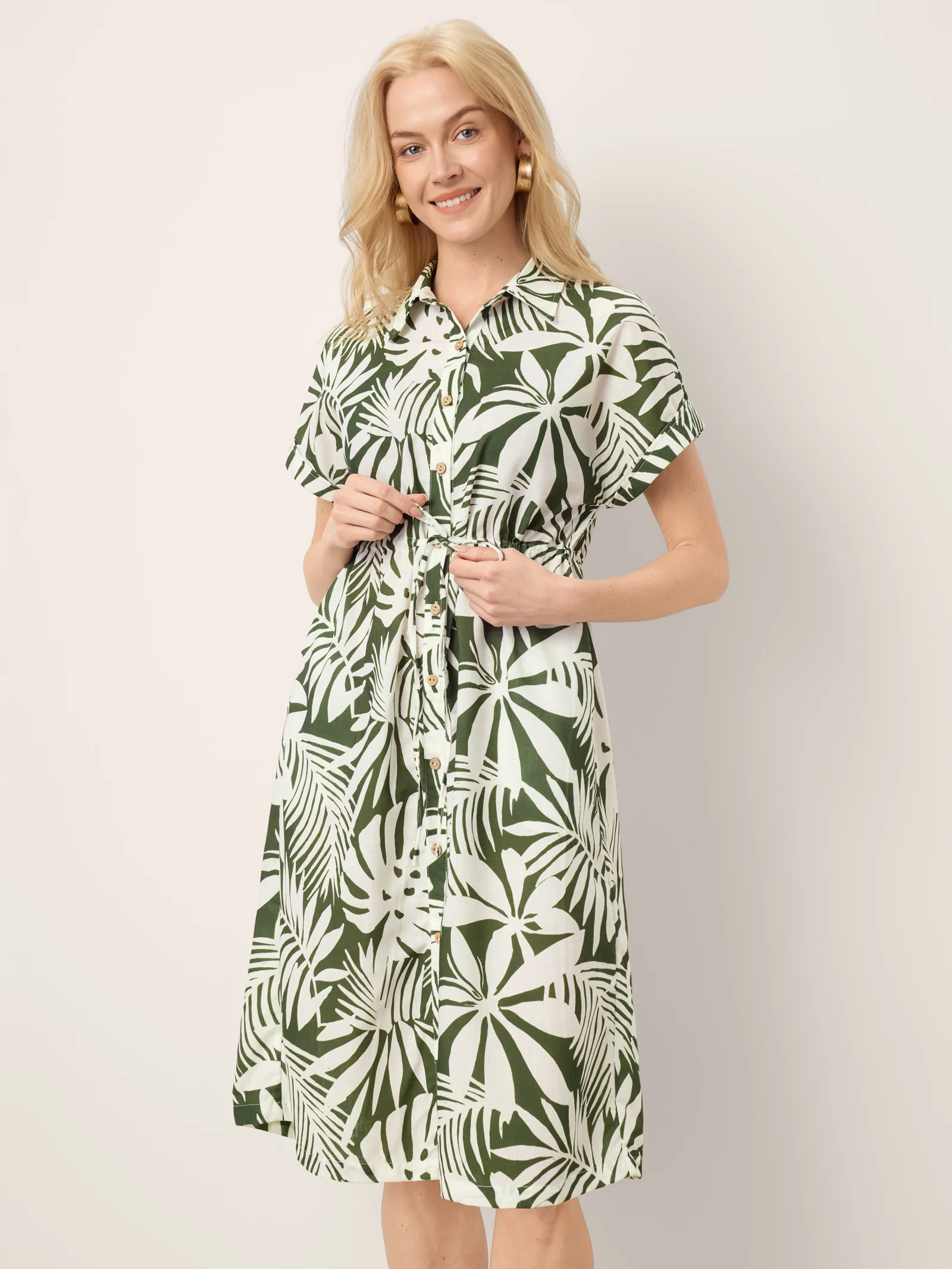 Linen Palm Print Drawstring Waist Cuffed Sleeve Midi Shirt Dress AURELIA - Image 7