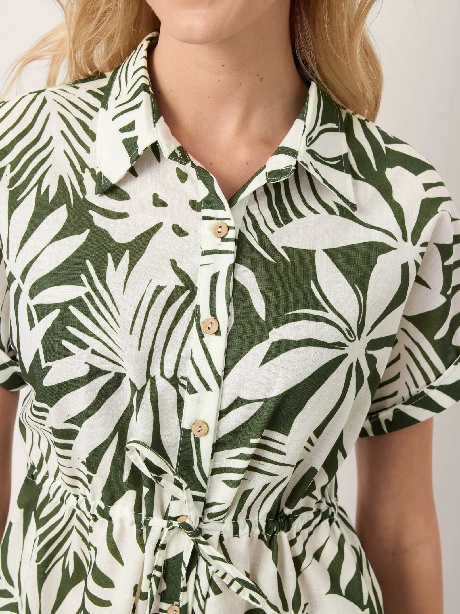 Linen Palm Print Drawstring Waist Cuffed Sleeve Midi Shirt Dress AURELIA - Image 8