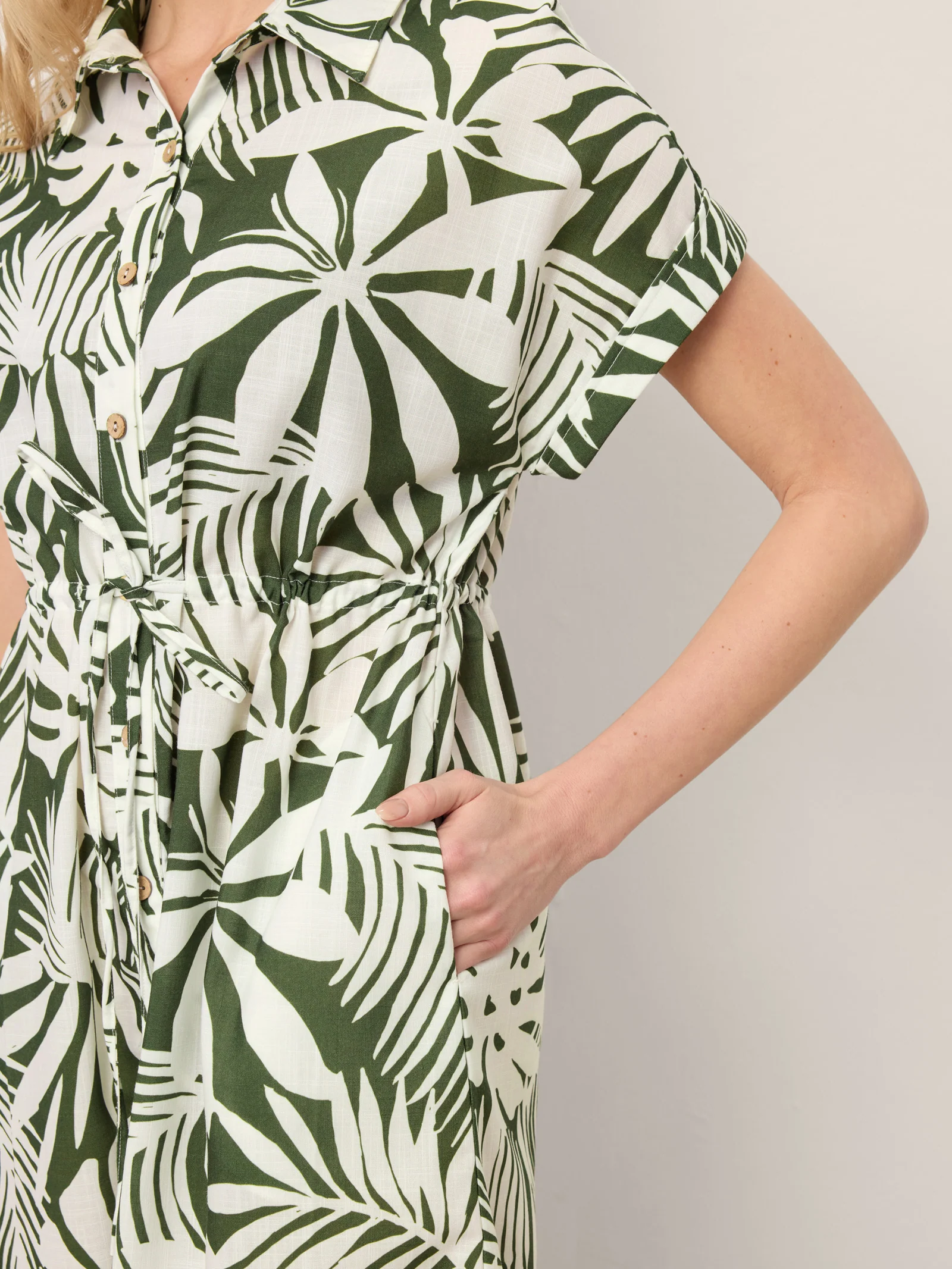 Linen Palm Print Drawstring Waist Cuffed Sleeve Midi Shirt Dress AURELIA - Image 9