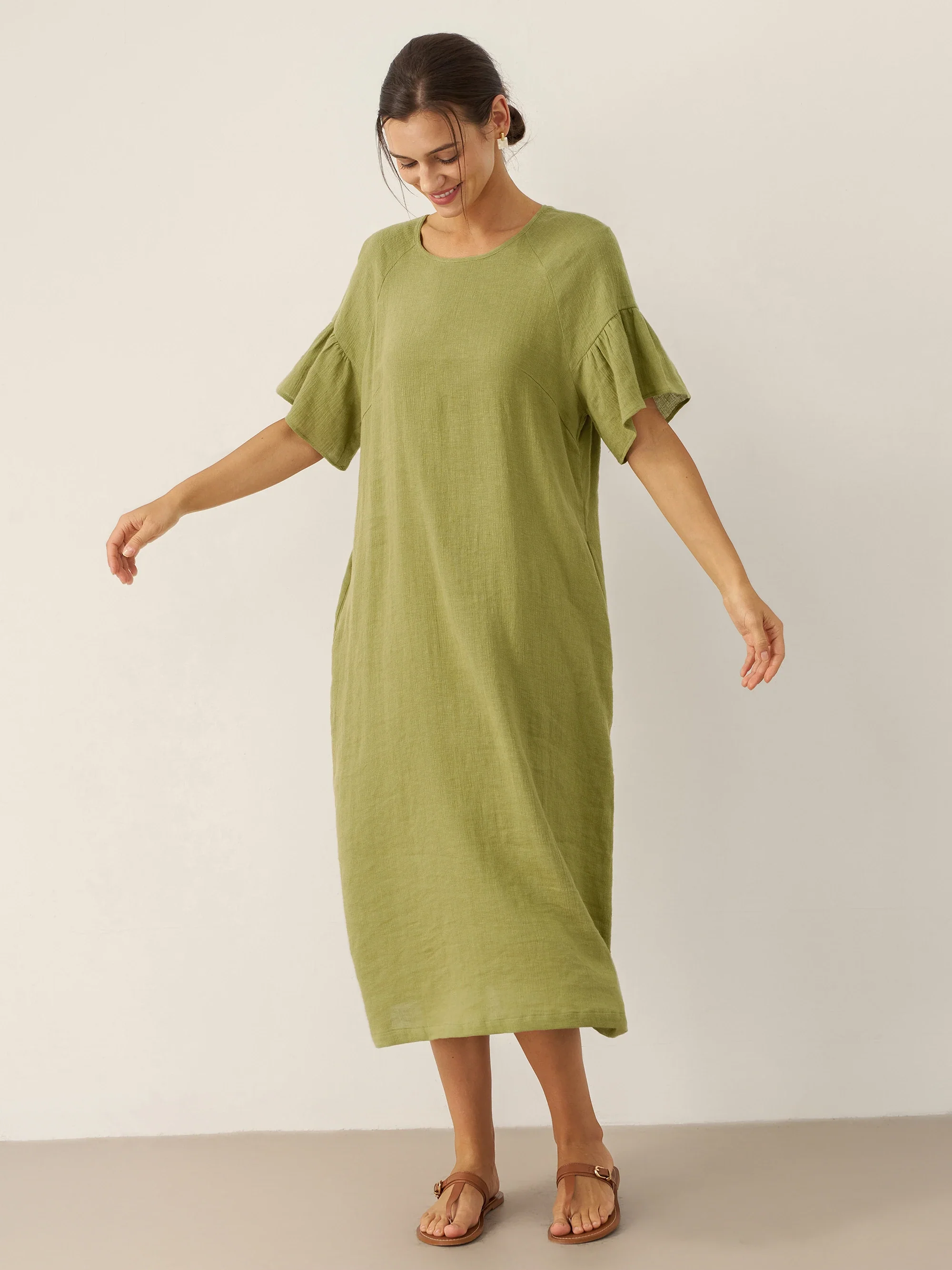 Linen Round Neck Flutter Sleeve Maxi Dress WINNIE - Image 4