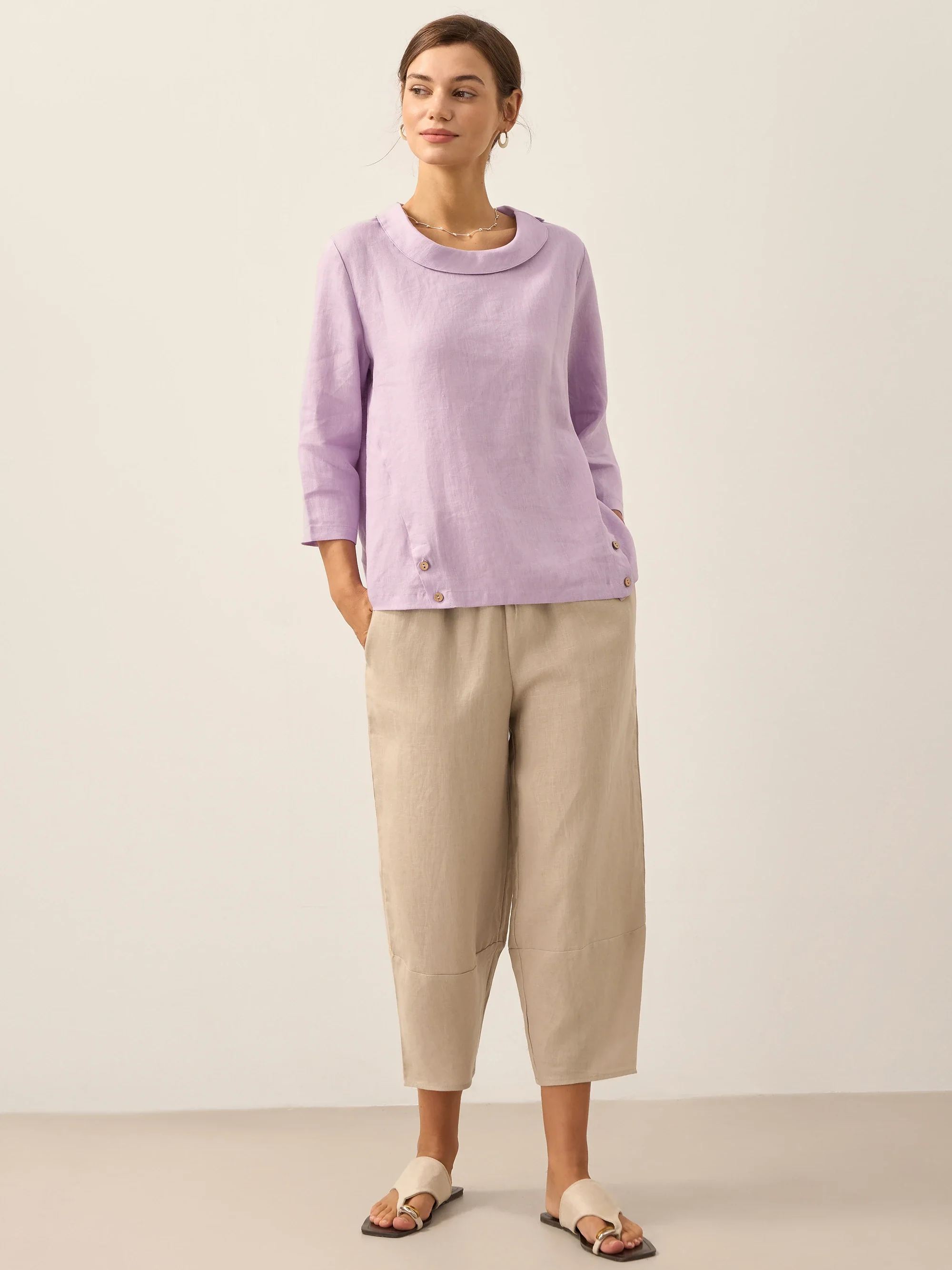 Linen Round Soft-Fold Collar Top LAURA - Image 13