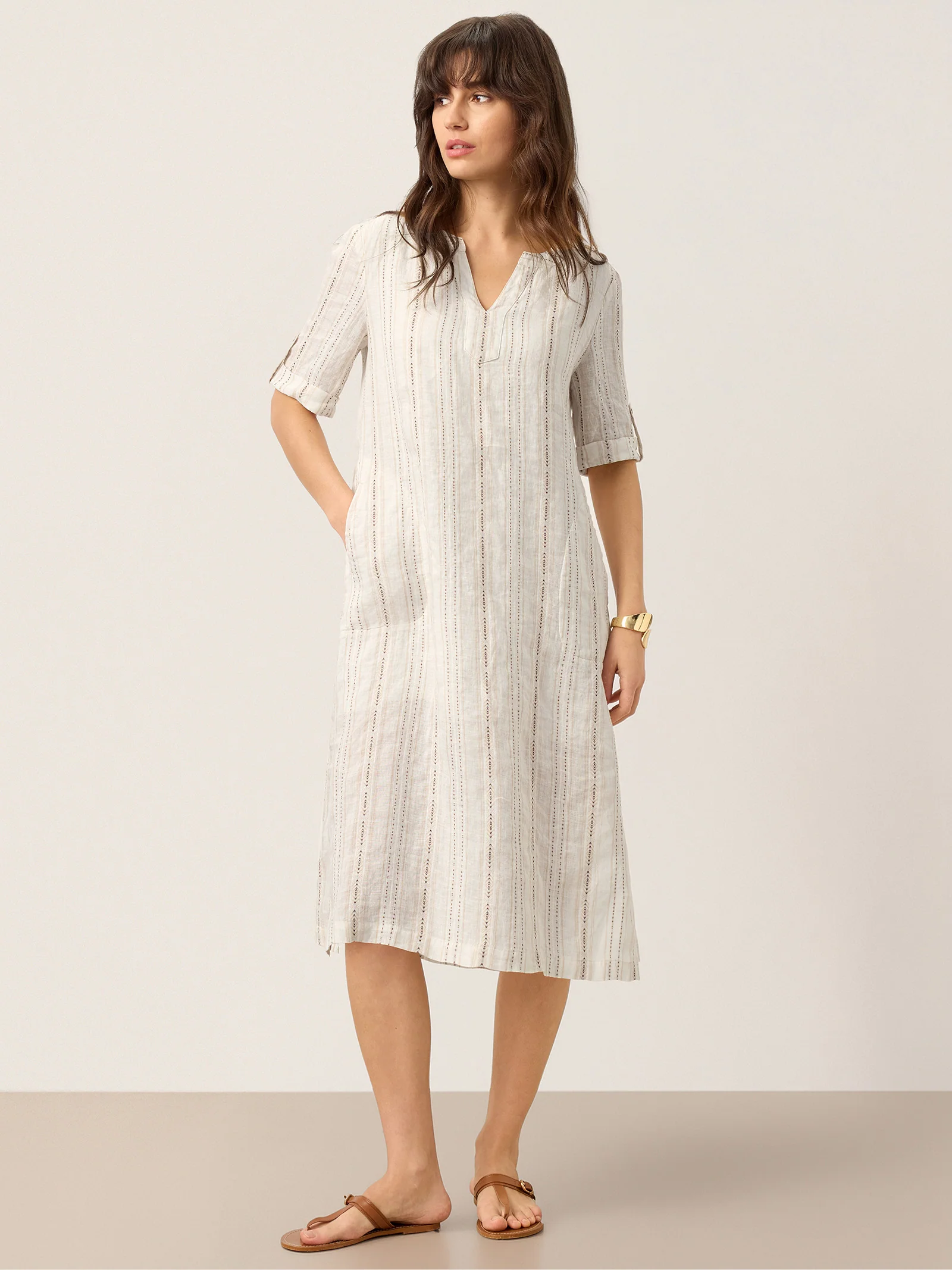 Linen Striped Notch Neck Tab-Cuff Bohemian Midi Dress ALTHEA