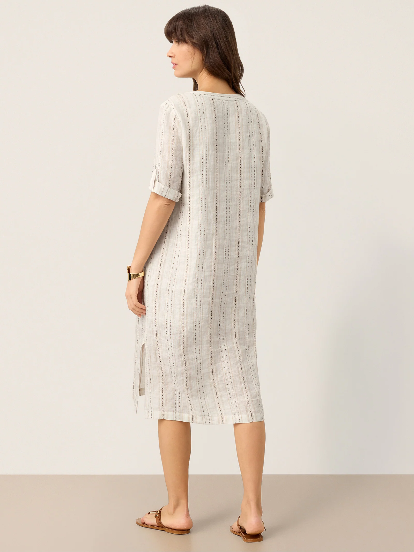 Linen Striped Notch Neck Tab-Cuff Bohemian Midi Dress ALTHEA - Image 3