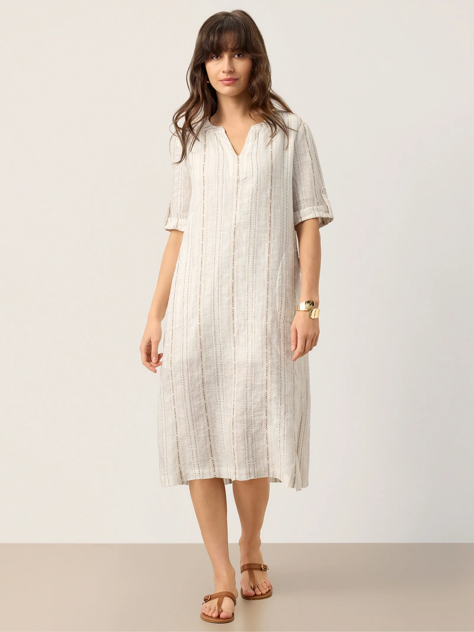 Linen Striped Notch Neck Tab-Cuff Bohemian Midi Dress ALTHEA - Image 4