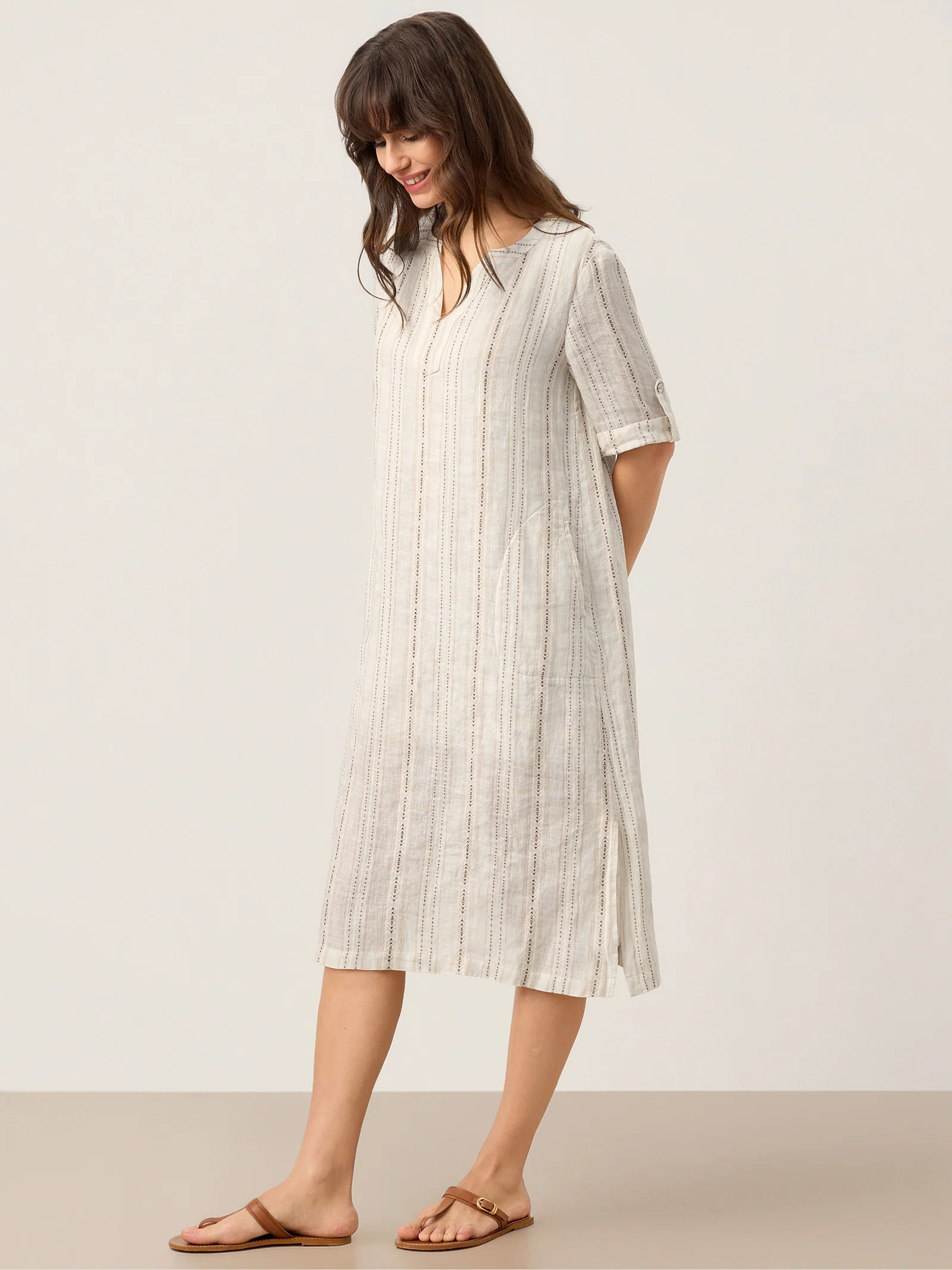 Linen Striped Notch Neck Tab-Cuff Bohemian Midi Dress ALTHEA - Image 5