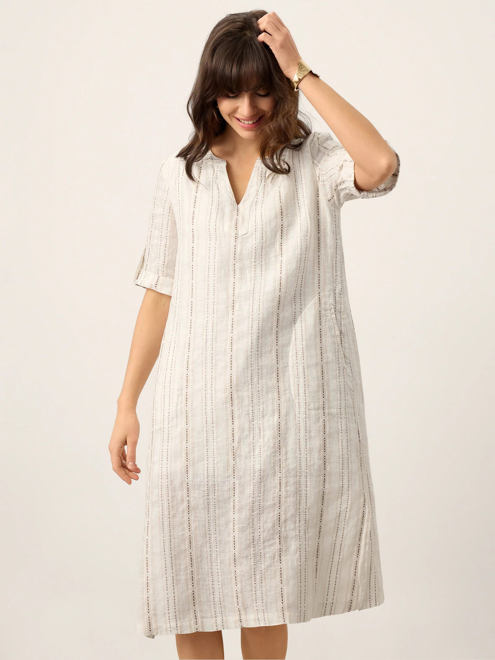 Linen Striped Notch Neck Tab-Cuff Bohemian Midi Dress ALTHEA - Image 6