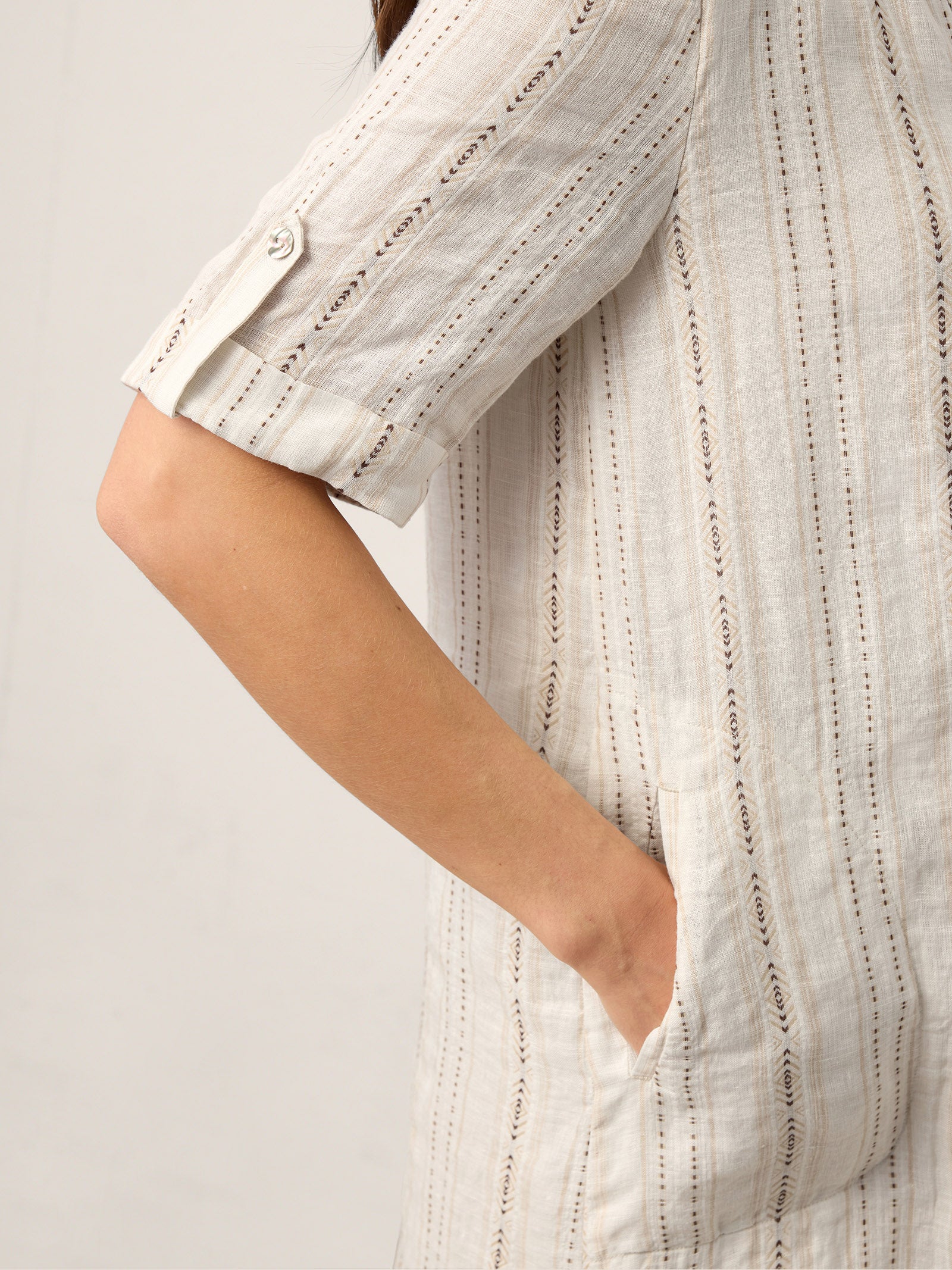 Linen Striped Notch Neck Tab-Cuff Bohemian Midi Dress ALTHEA - Image 7