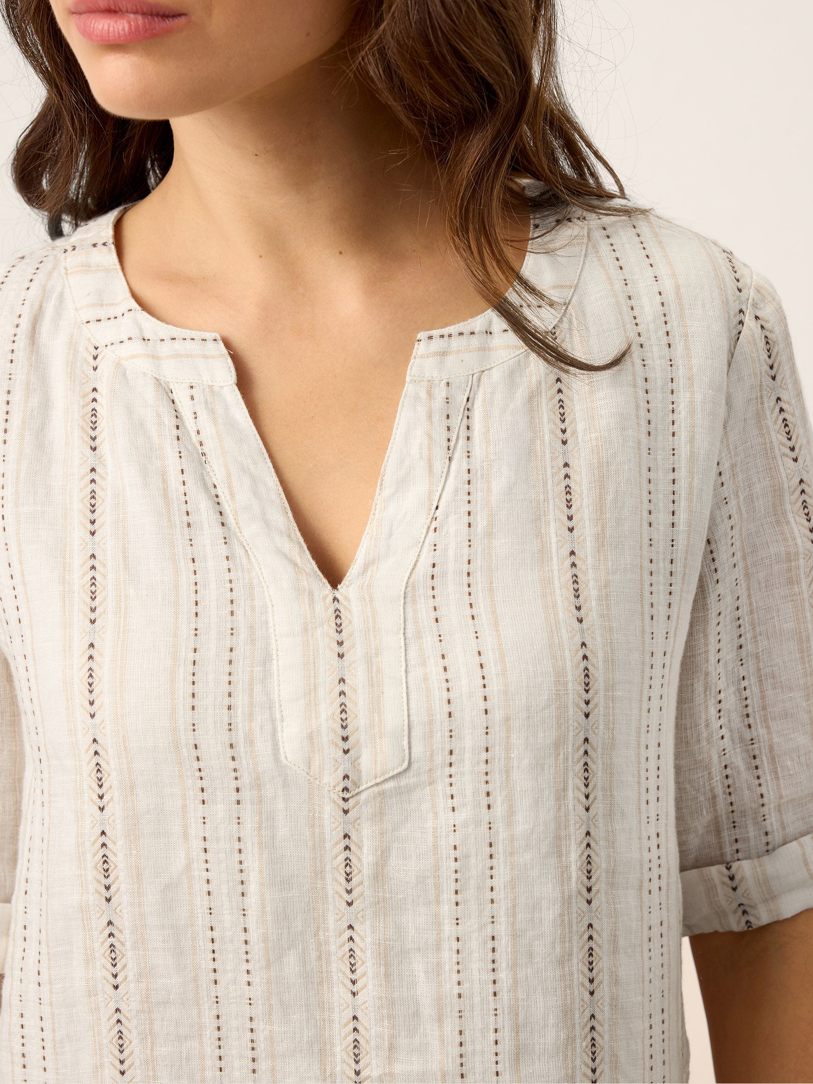 Linen Striped Notch Neck Tab-Cuff Bohemian Midi Dress ALTHEA - Image 8