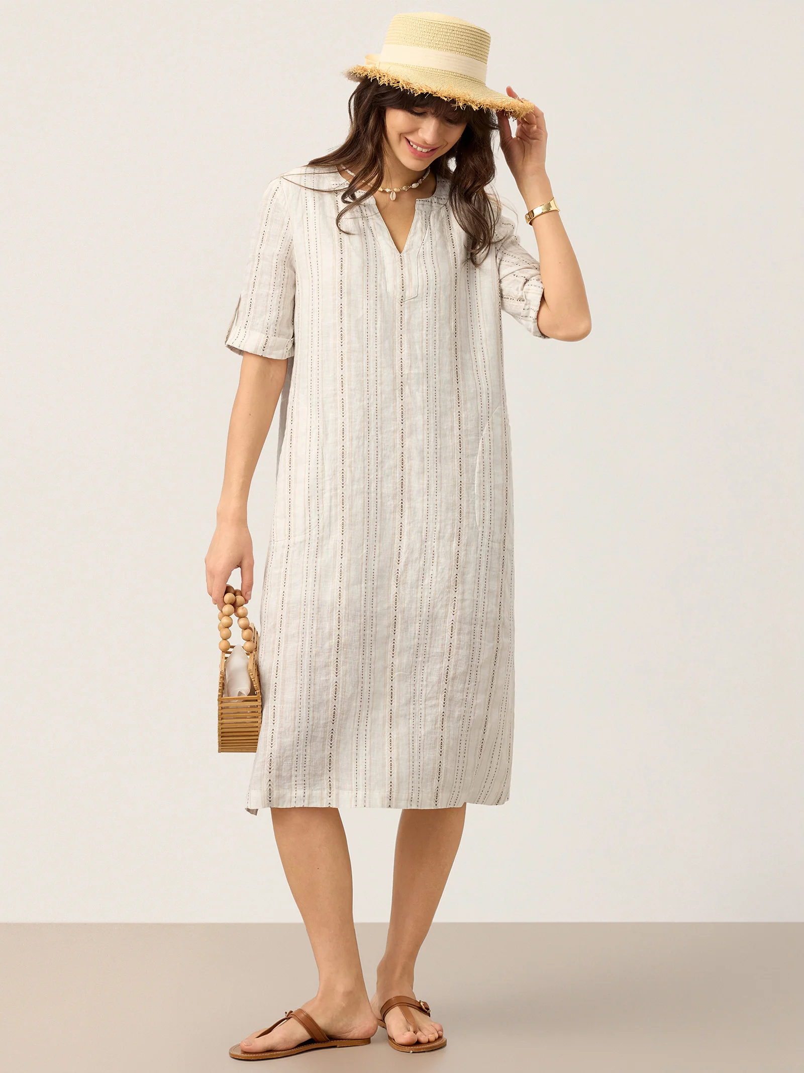 Linen Striped Notch Neck Tab-Cuff Bohemian Midi Dress ALTHEA - Image 9