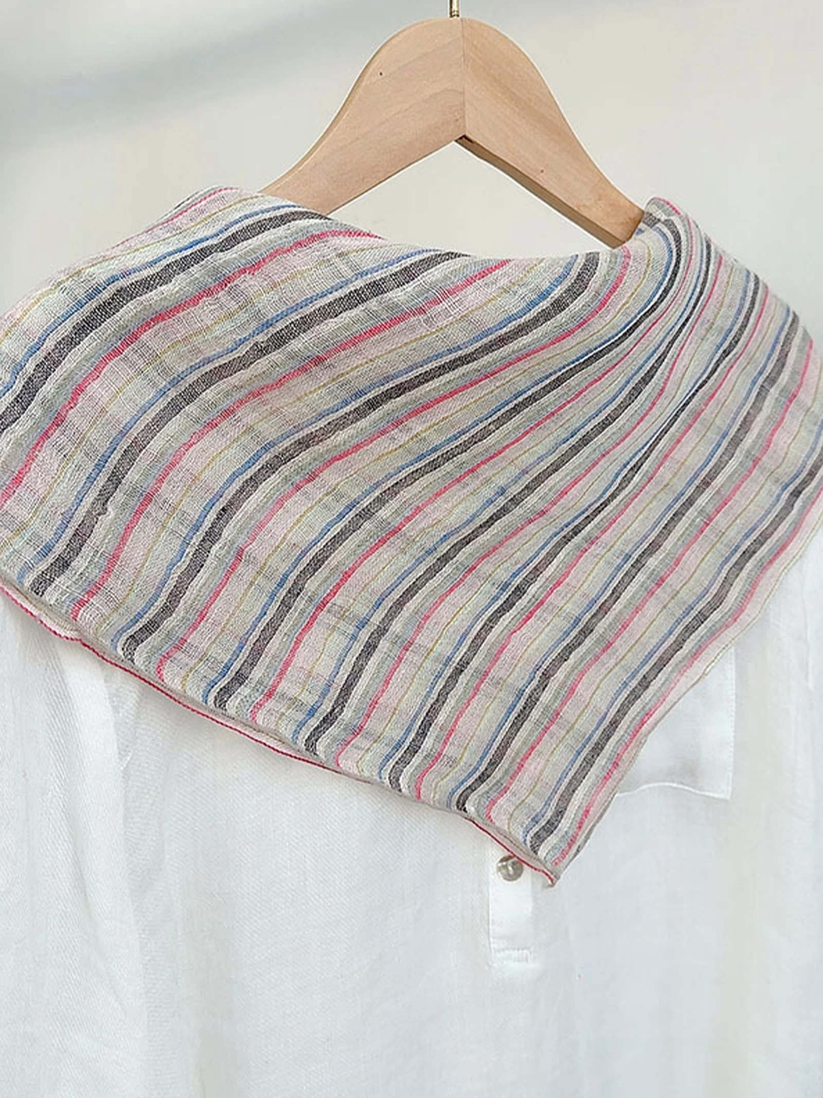 100% Linen Striped Woven Light Square Scarf - Image 2