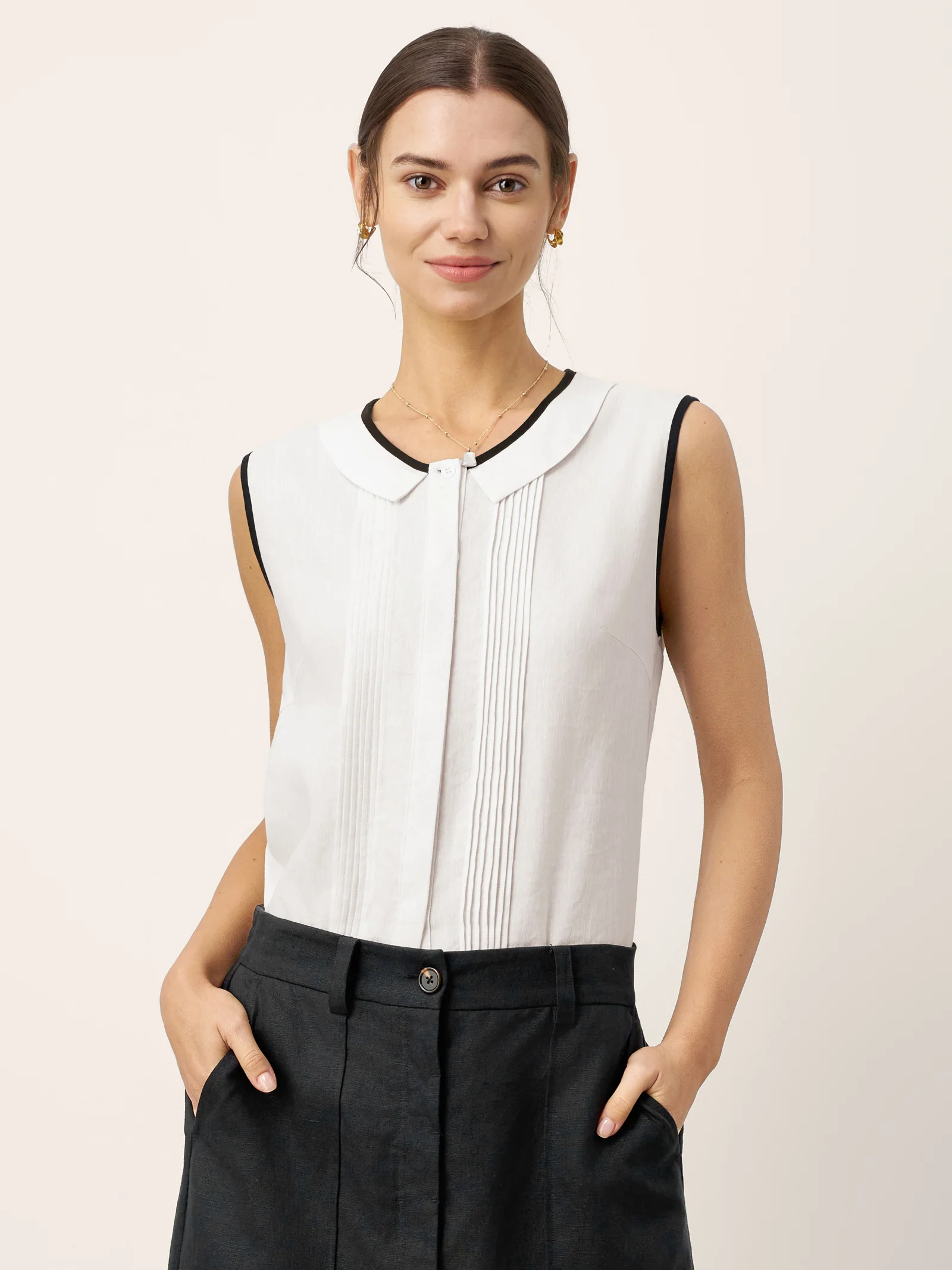 Linen-Lyocell Contrast Trim Pleated Sleeveless Top JUNIPER - Image 4
