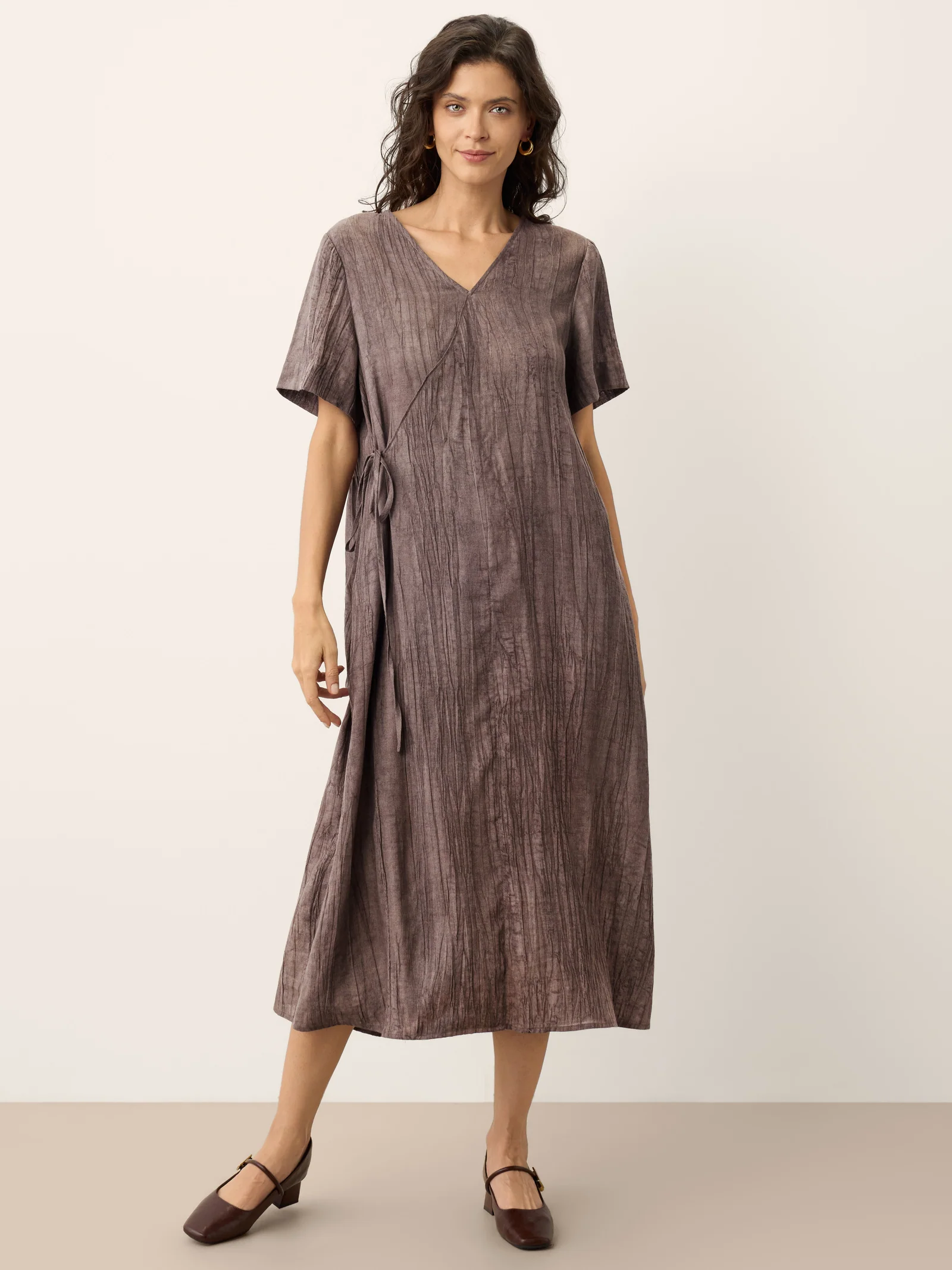Lyocell Textured V Neck Tie Waist Maxi Dress SUSANNA