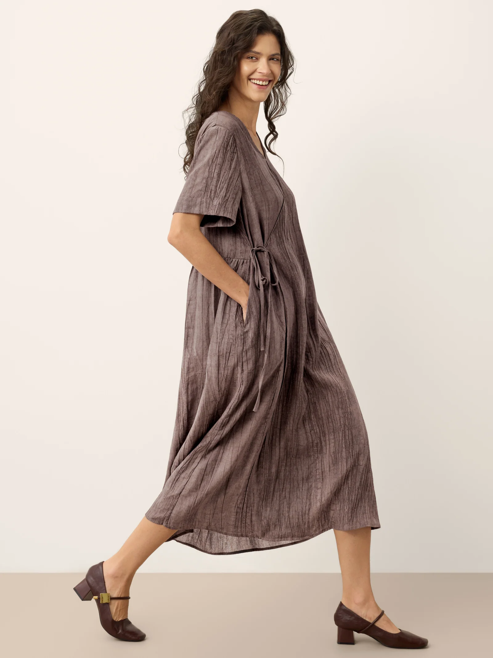 Lyocell Textured V Neck Tie Waist Maxi Dress SUSANNA - Image 4