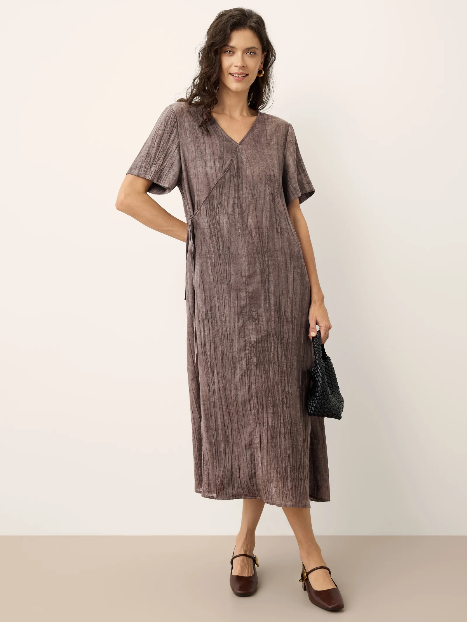 Lyocell Textured V Neck Tie Waist Maxi Dress SUSANNA - Image 9
