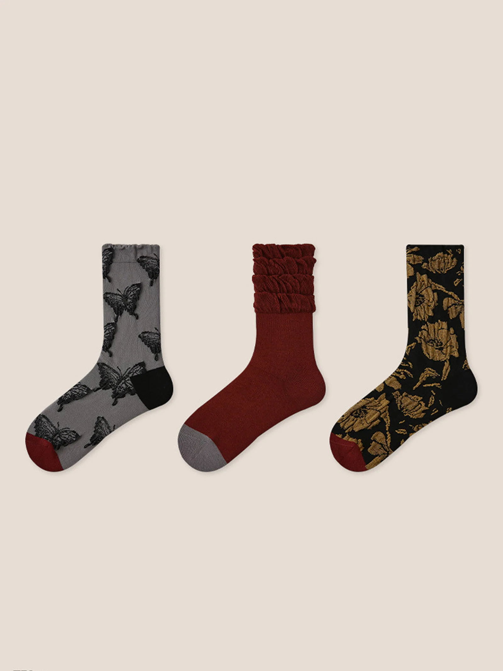 Long-Staple Cotton 3-Pair Floral Embossed Slouch Mid-Calf Sock Set