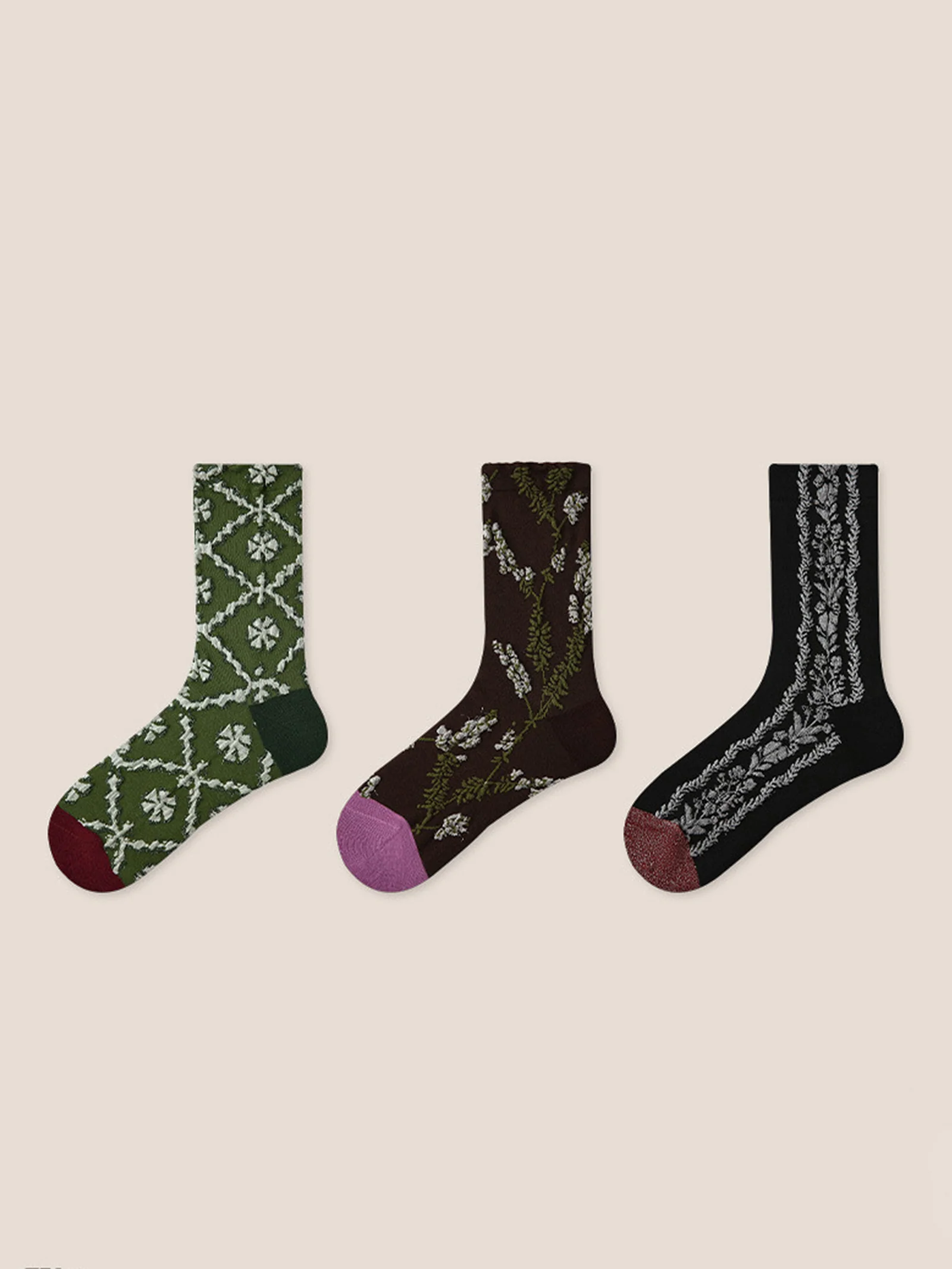 Long-Staple Cotton 3-Pair Floral Embossed Slouch Mid-Calf Sock Set - Image 4