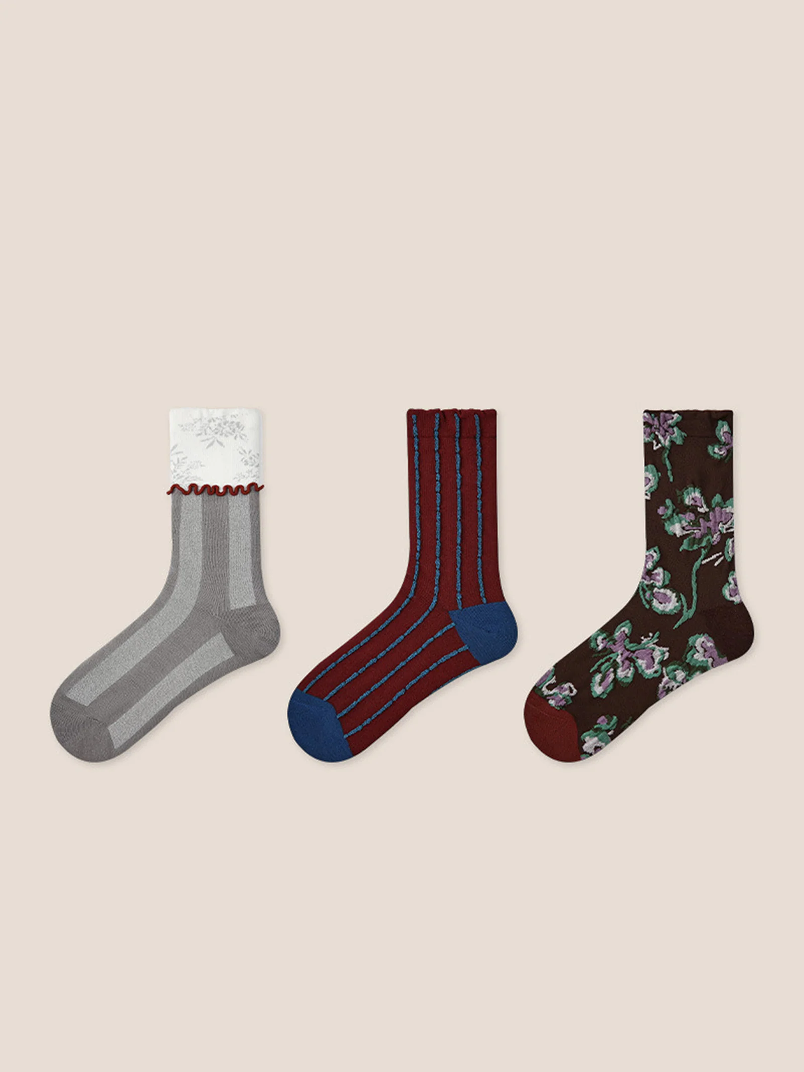 Long-Staple Cotton 3-Pair Floral Embossed Slouch Mid-Calf Sock Set - Image 6