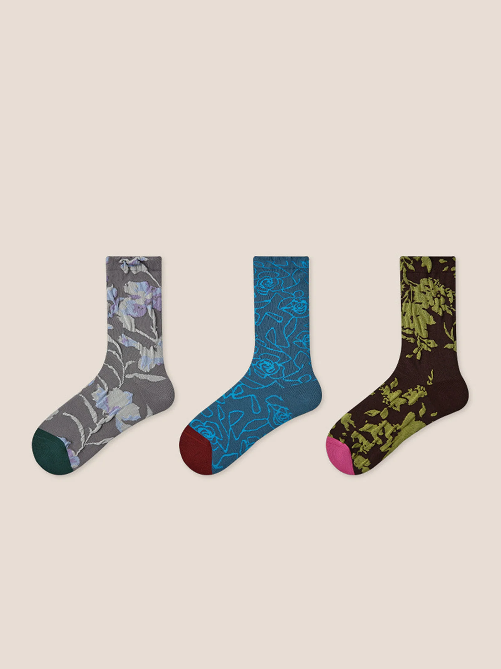 Long-Staple Cotton 3-Pair Floral Embossed Slouch Mid-Calf Sock Set - Image 7