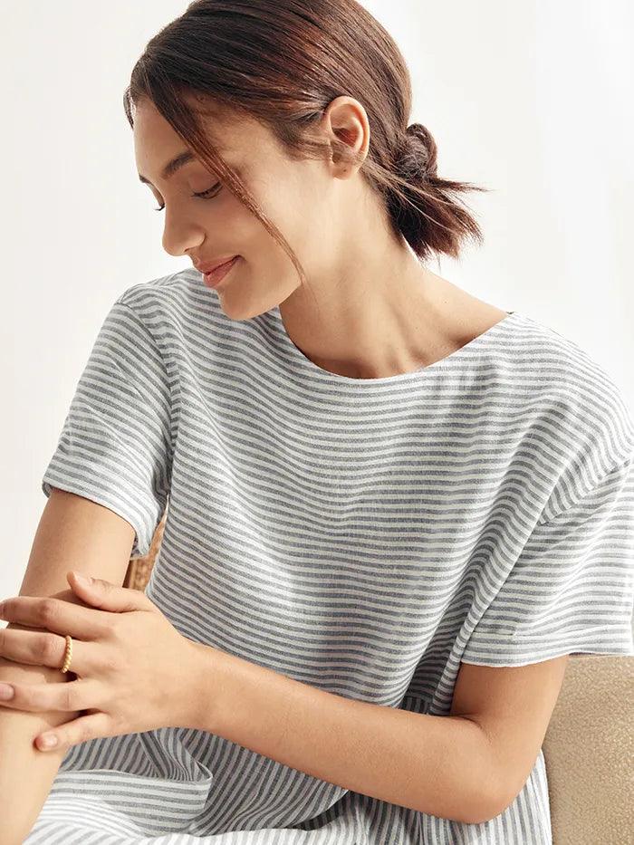 100% Linen Pinstripe Paneled Short-Sleeved Dress MORGAN - Image 10