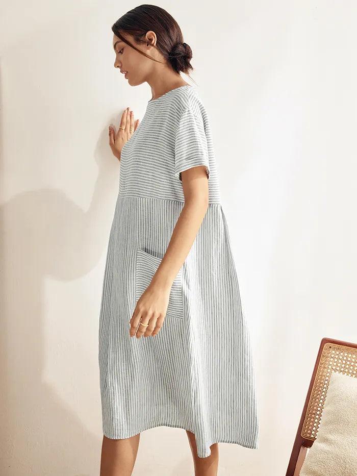 100% Linen Pinstripe Paneled Short-Sleeved Dress MORGAN - Image 5