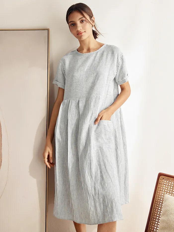100% Linen Pinstripe Paneled Short-Sleeved Dress MORGAN - Image 6