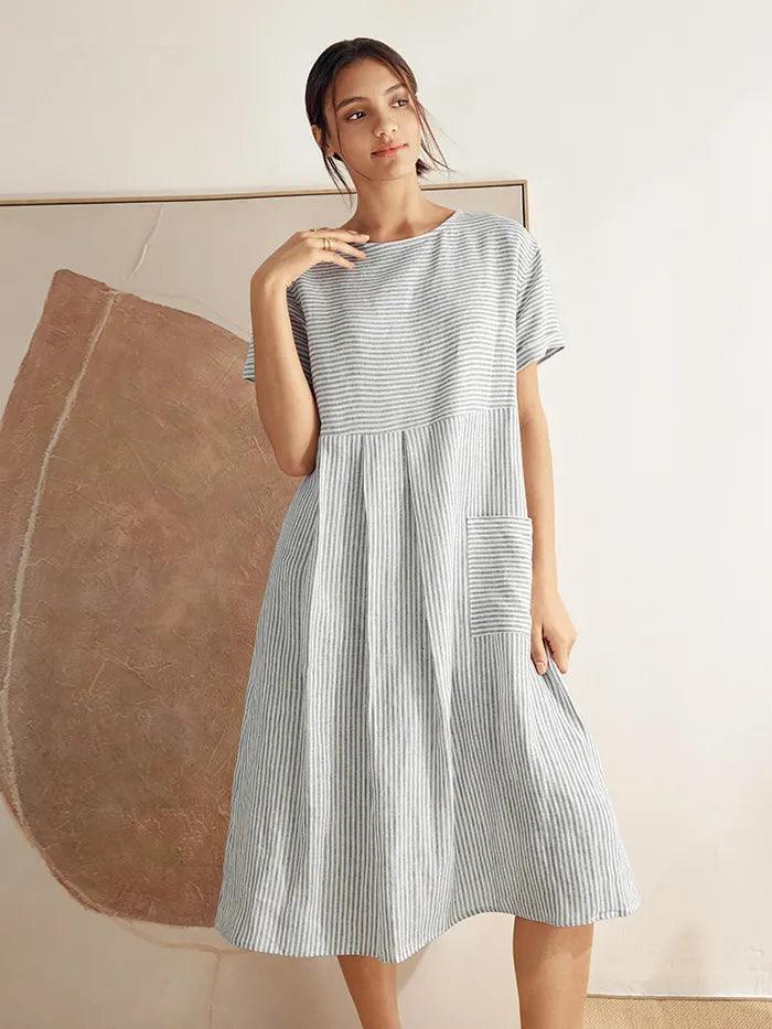 100% Linen Pinstripe Paneled Short-Sleeved Dress MORGAN - Image 7