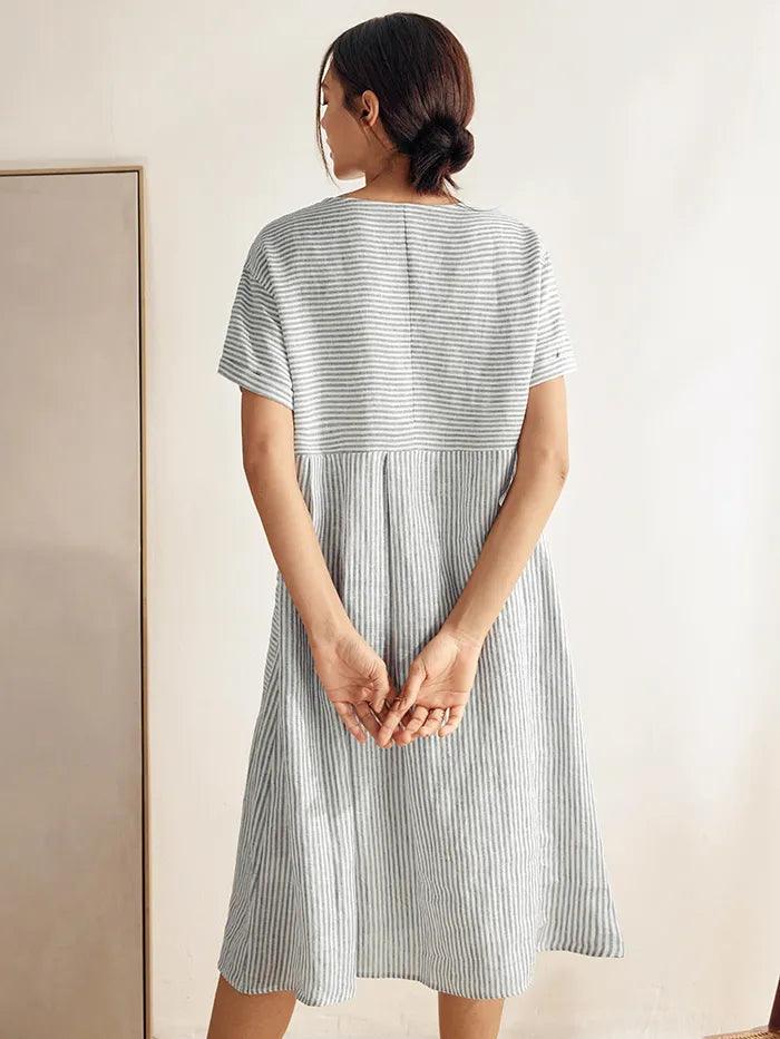 100% Linen Pinstripe Paneled Short-Sleeved Dress MORGAN - Image 8