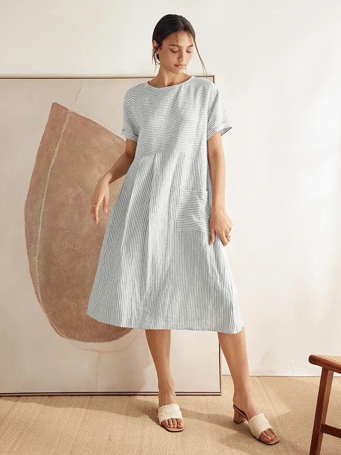 100% Linen Pinstripe Paneled Short-Sleeved Dress MORGAN - Image 9