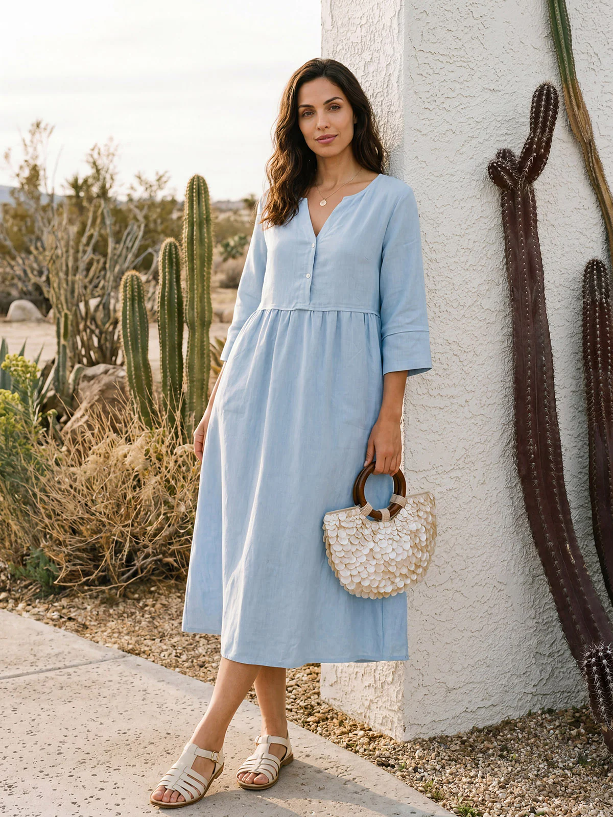 100% Linen Loose Fit Button Waist Gathered Maxi Dress LUNA - Image 31