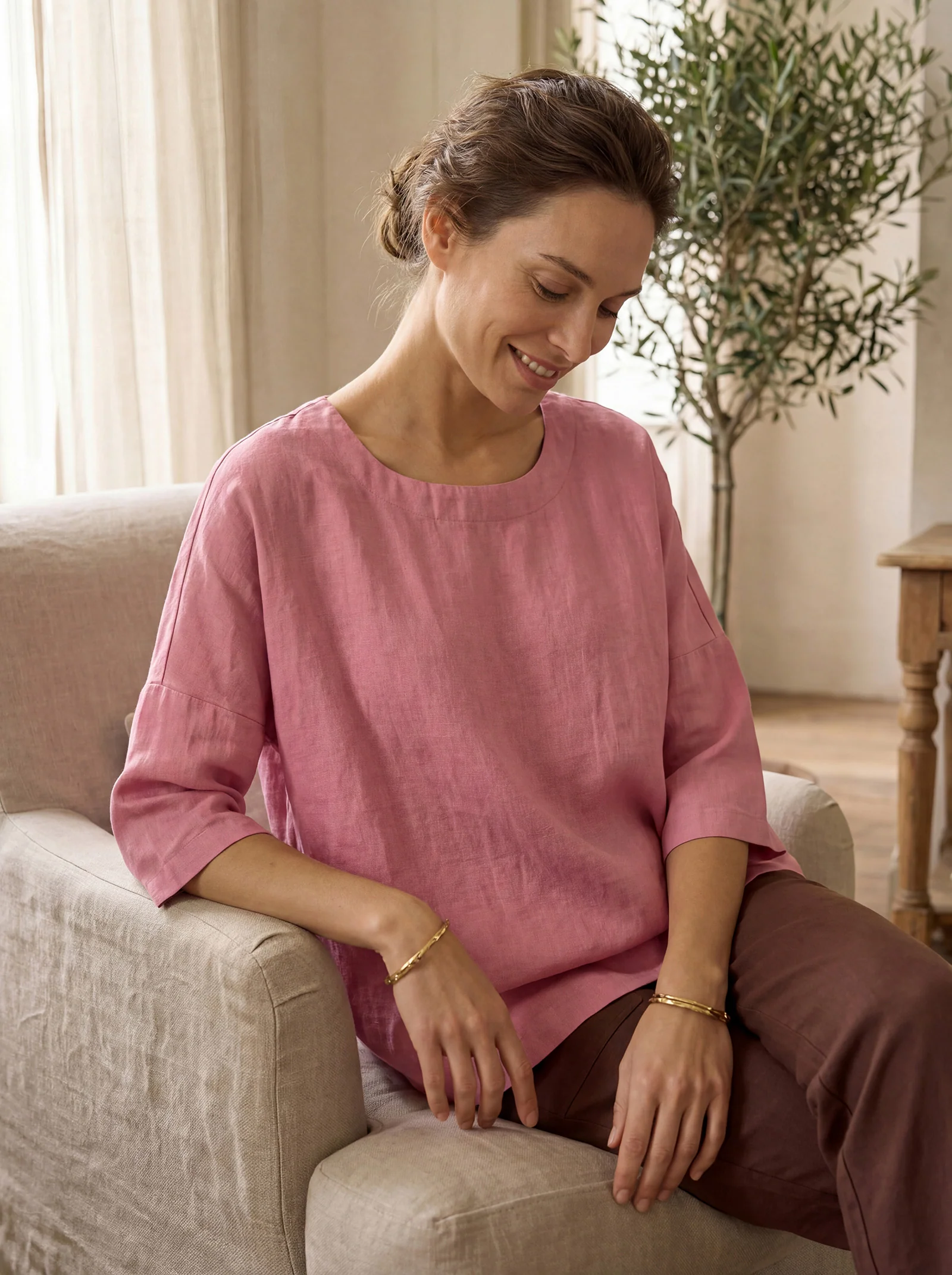 100% Linen Boatneck 3/4 Length Sleeve Top AURORA - Image 17