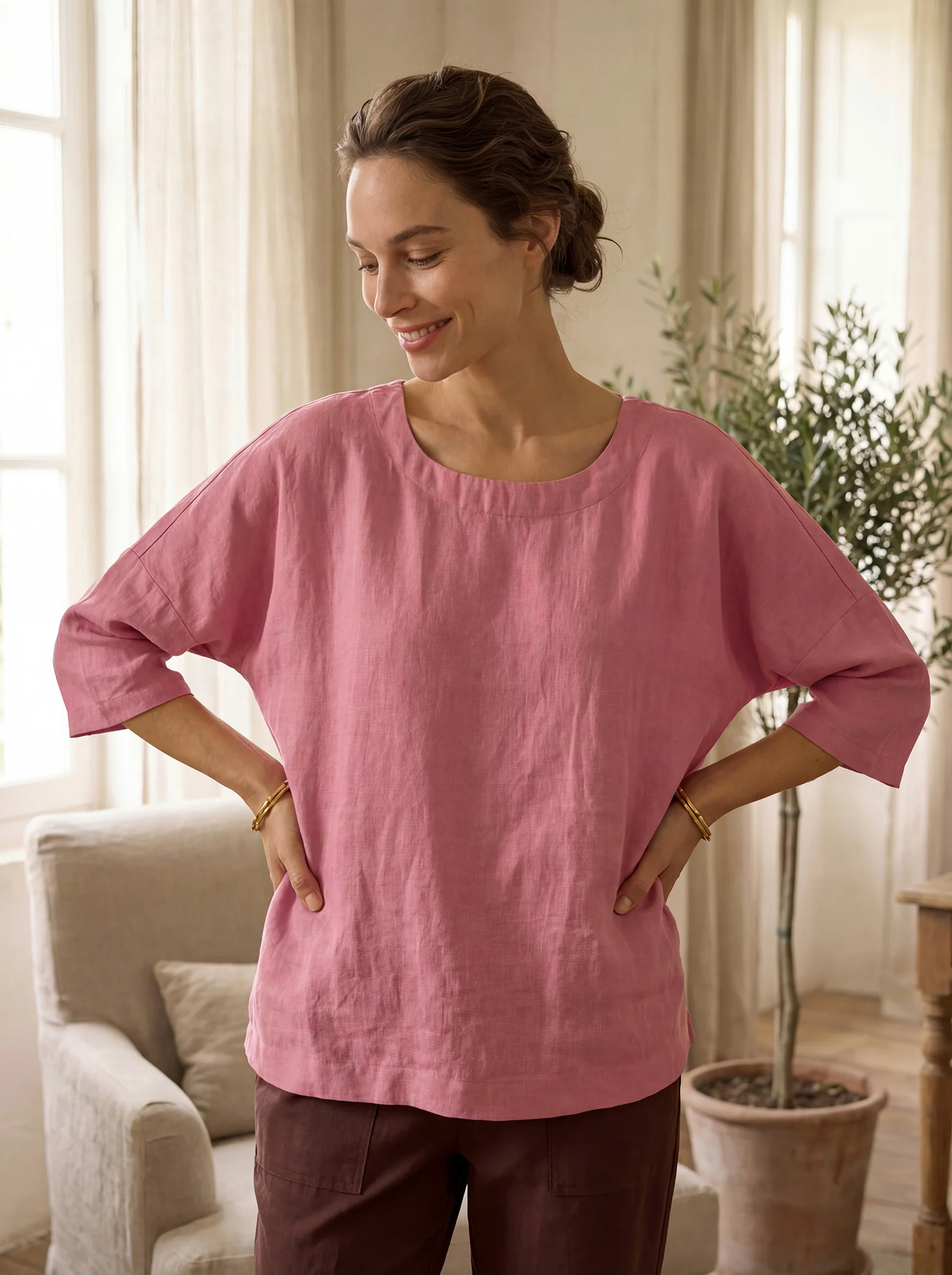 100% Linen Boatneck 3/4 Length Sleeve Top AURORA - Image 18