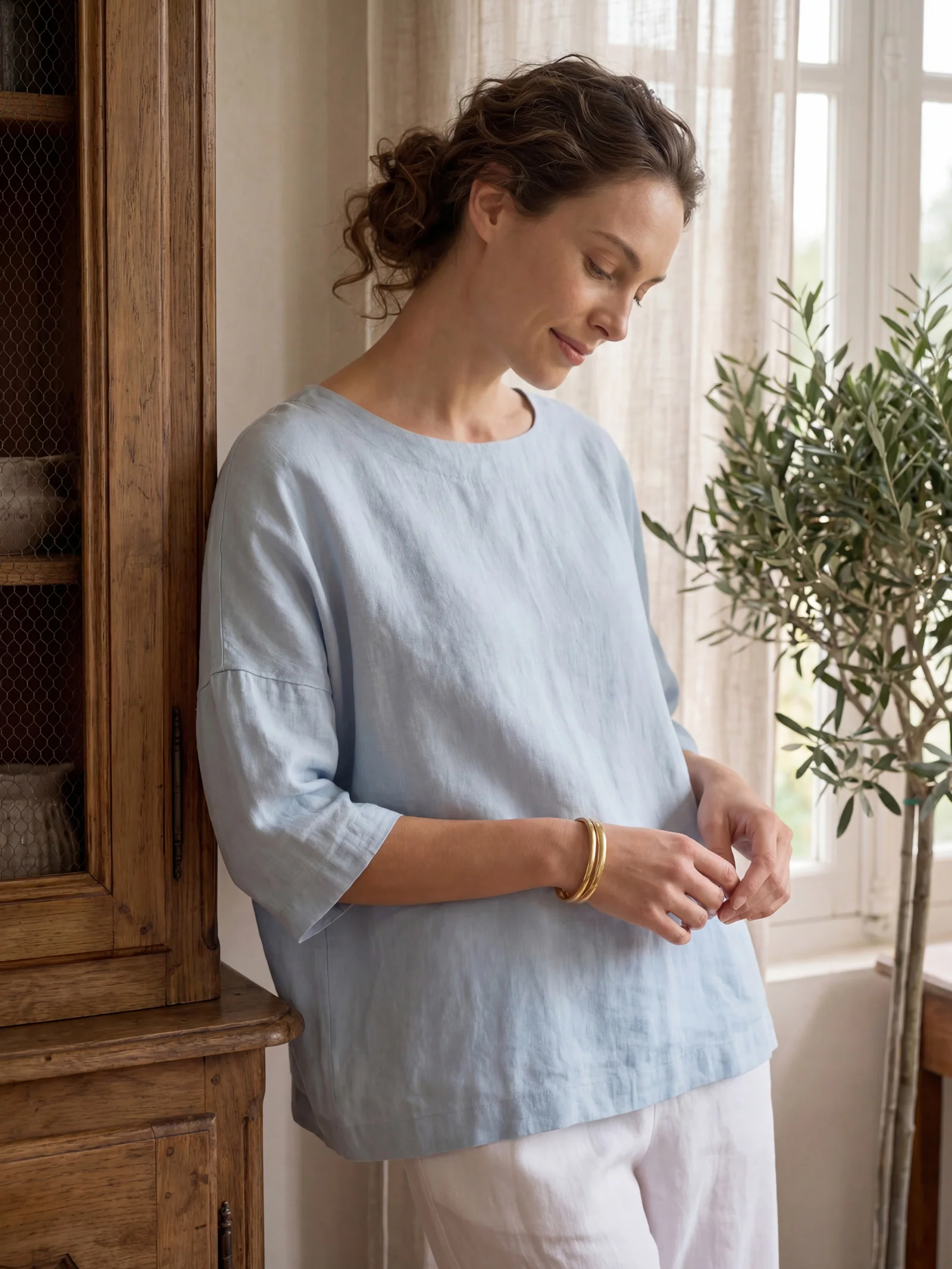 100% Linen Boatneck 3/4 Length Sleeve Top AURORA - Image 2