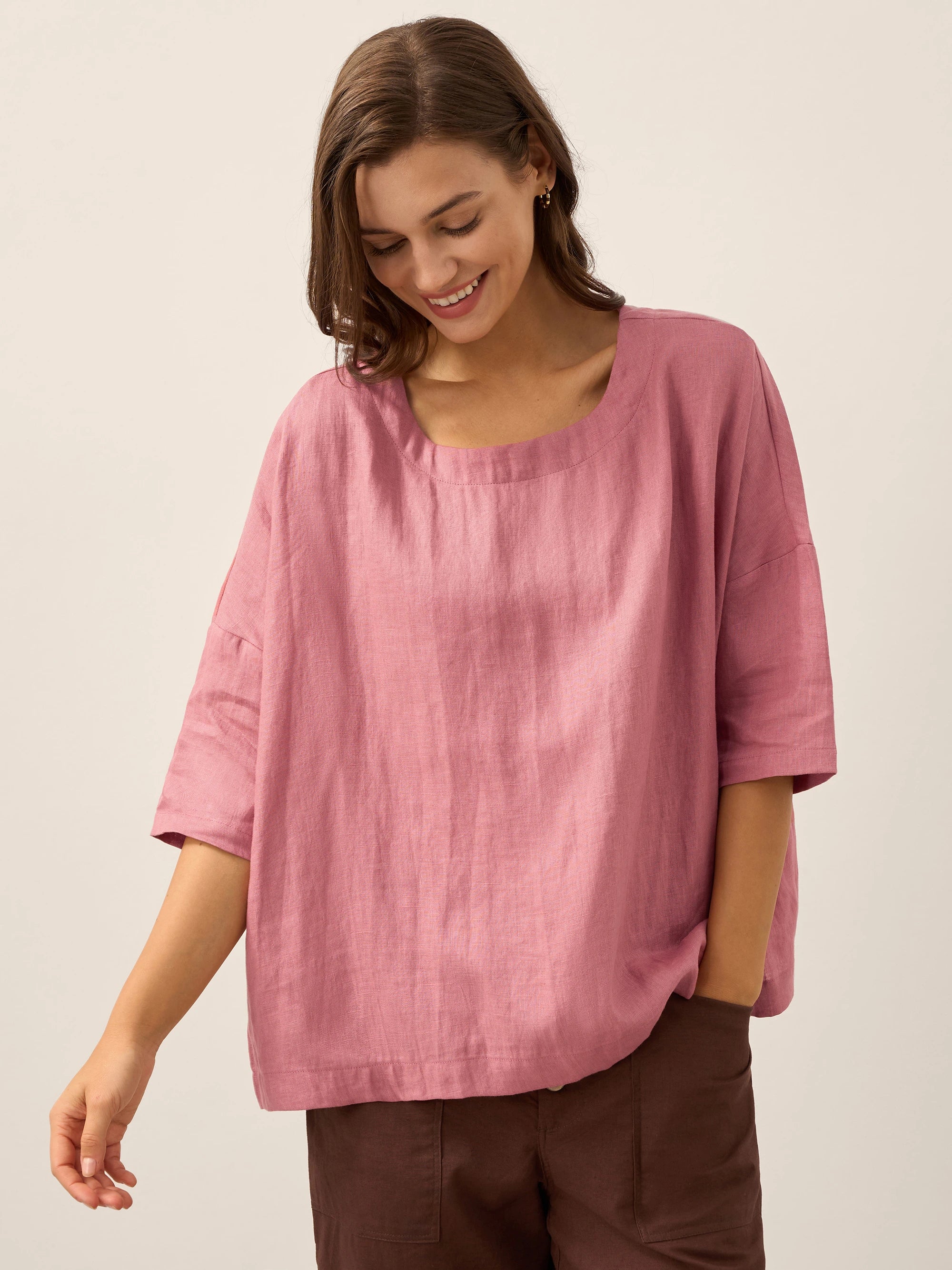 100% Linen Boatneck 3/4 Length Sleeve Top AURORA - Image 22