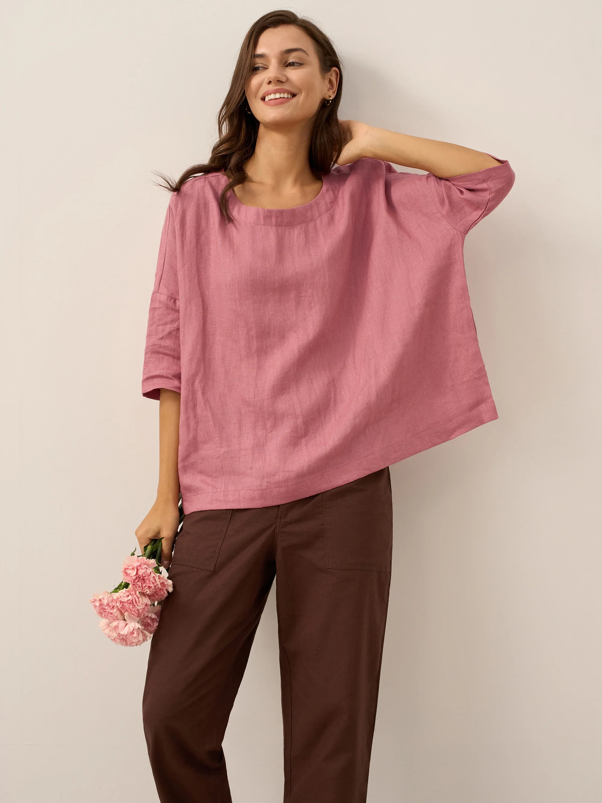100% Linen Boatneck 3/4 Length Sleeve Top AURORA - Image 23