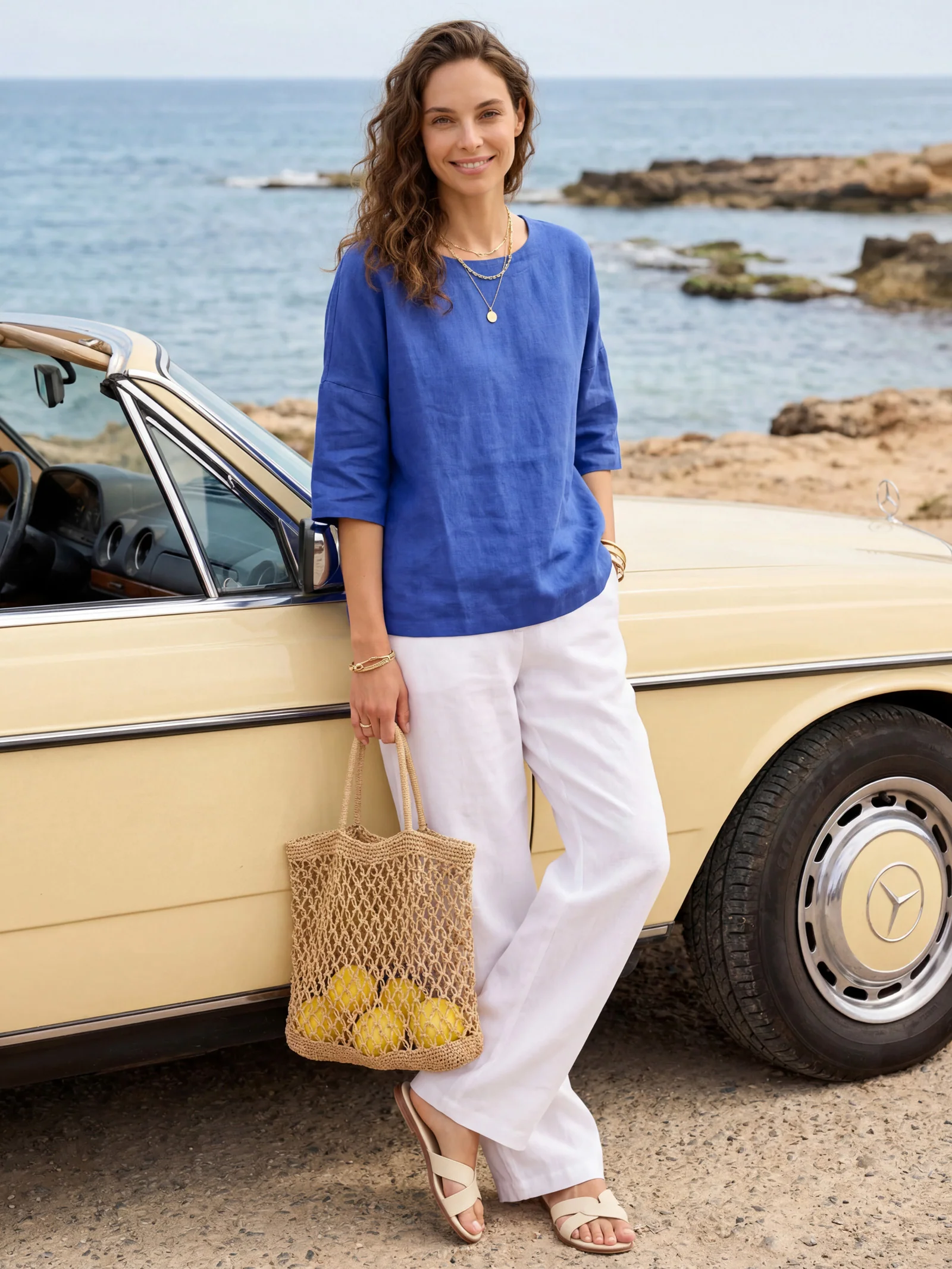 100% Linen Boatneck 3/4 Length Sleeve Top AURORA - Image 27