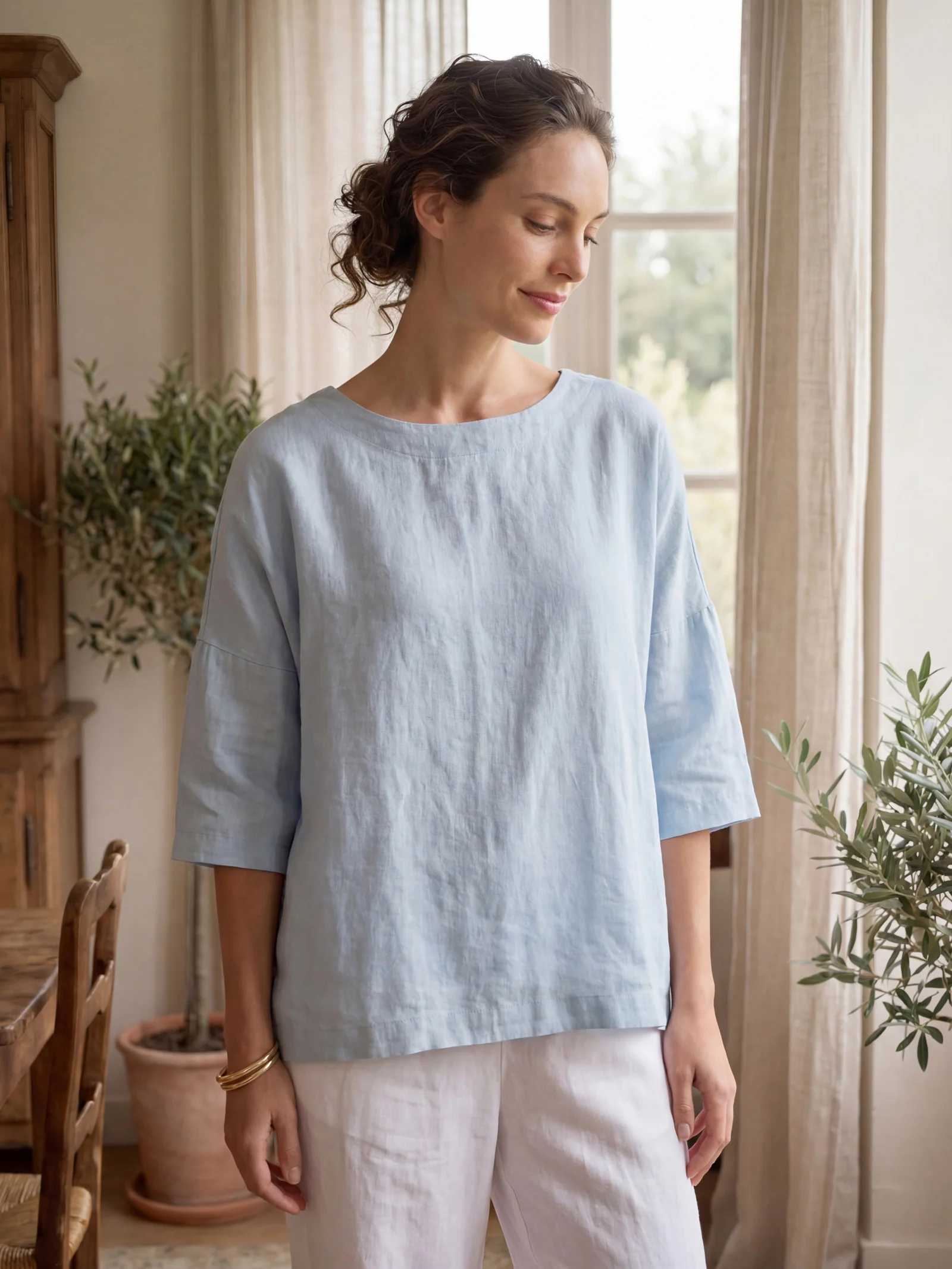 100% Linen Boatneck 3/4 Length Sleeve Top AURORA - Image 3